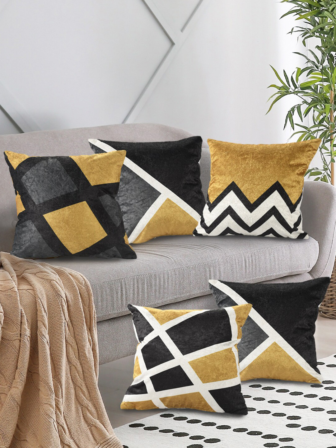AAZEEM Anokhi Yellow Geometric Velvet Washable 5 Pcs Square Cushion Covers - 16 x 16 In