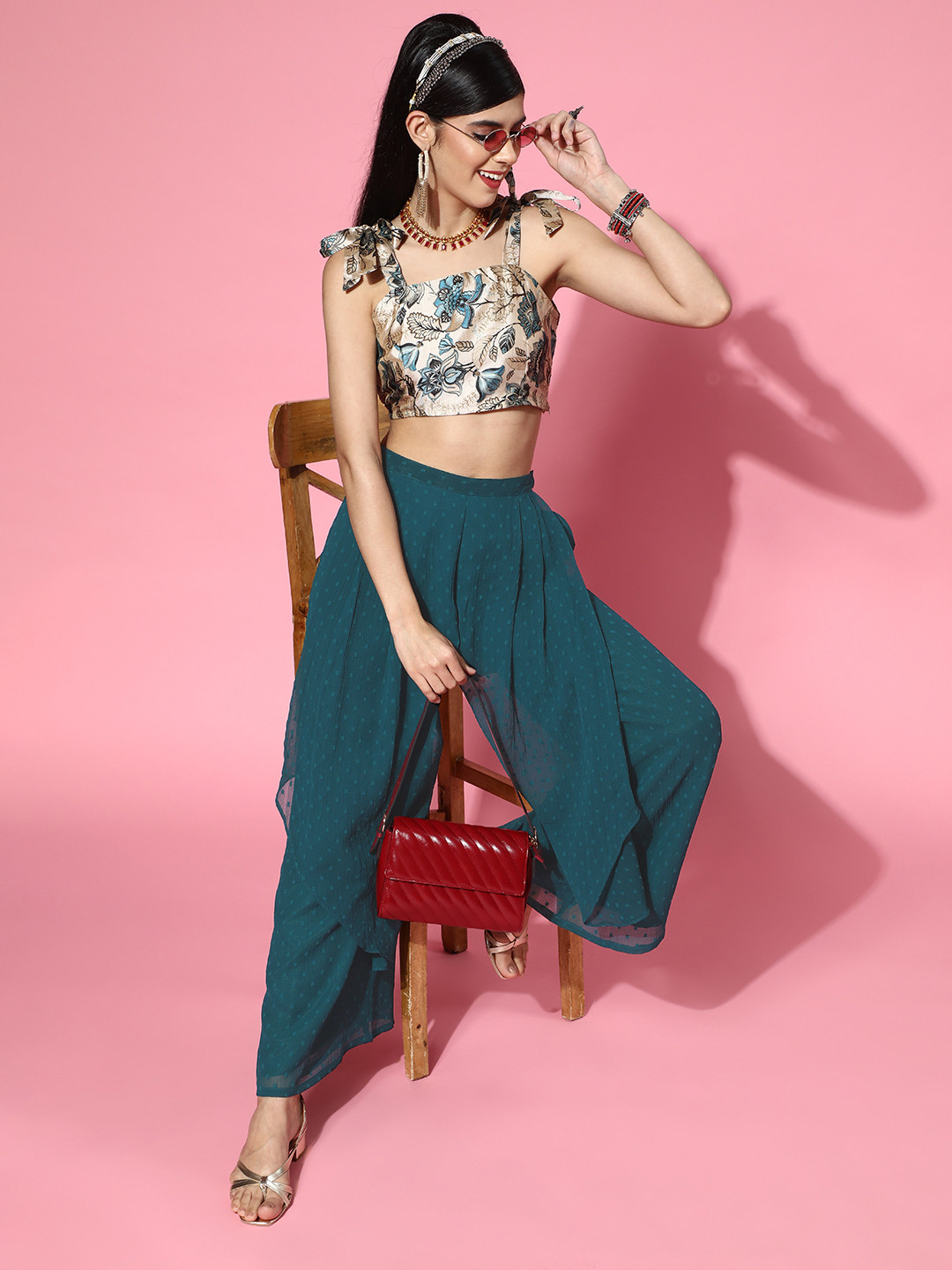 Inddus Women Tranquil Teal Printed Top with Self-Design Palazzos