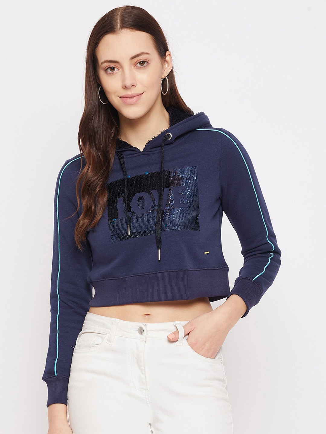 Duke Women Blue Sequin Embellished Crop Cotton Hooded Sweatshirt
