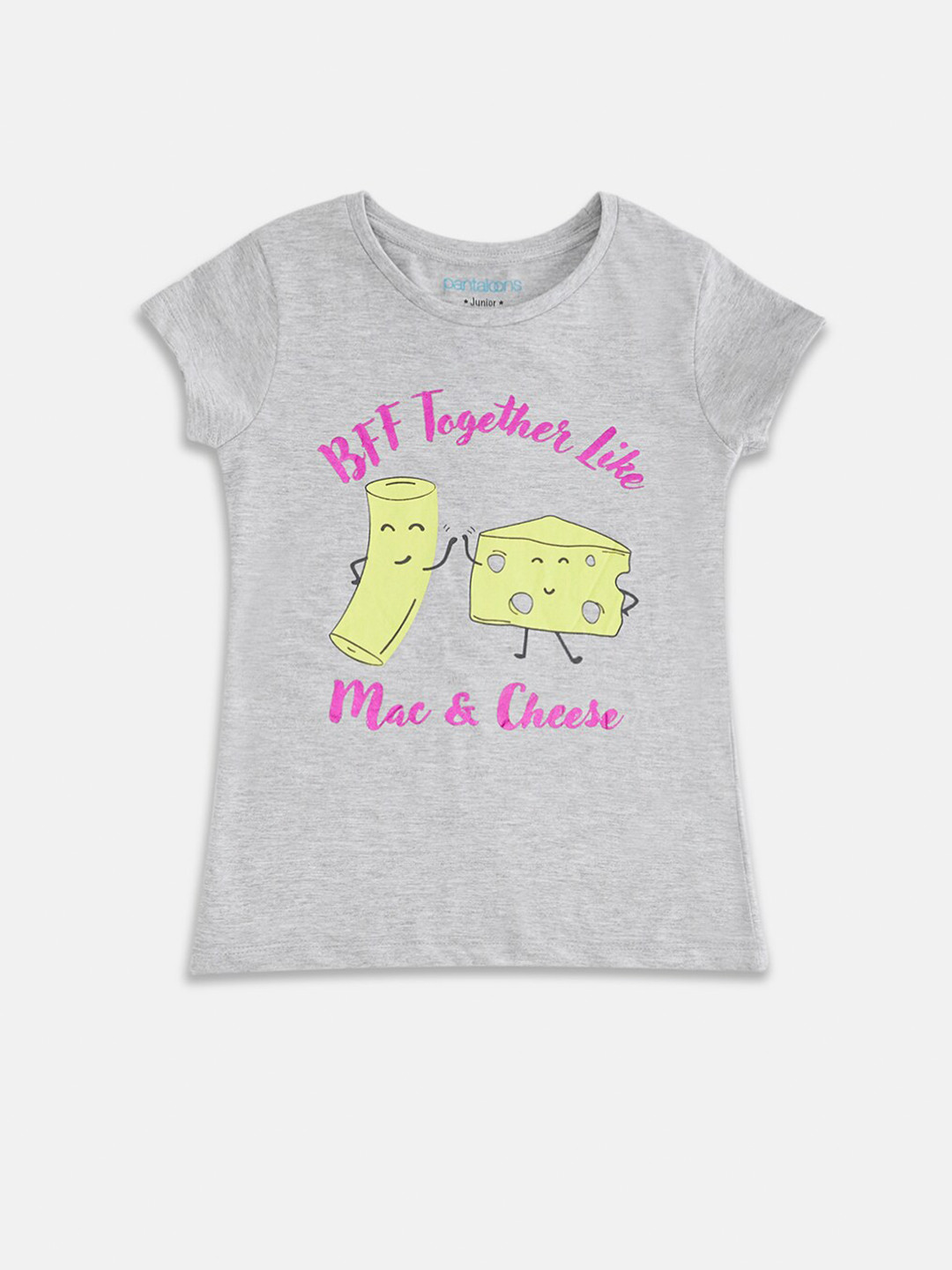 Pantaloons Junior Girls Grey Melange Printed Pure Cotton T-shirt
