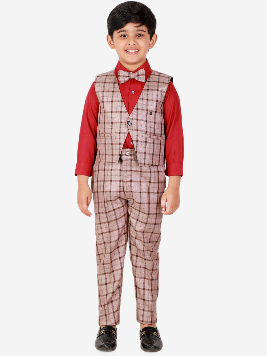 Pro-Ethic STYLE DEVELOPER Boys Red & Mauve Cotton Checked Shirt with Trousers & Waistcoat