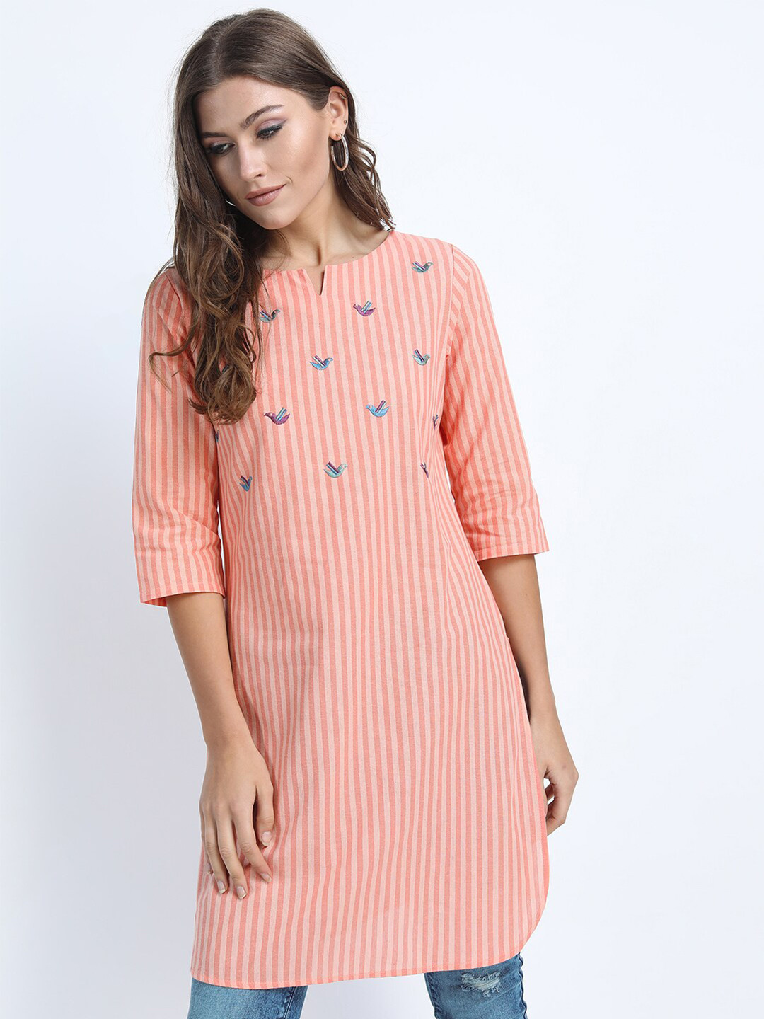 Vishudh Coral & Peach-Coloured Embroidered Cotton Tunic