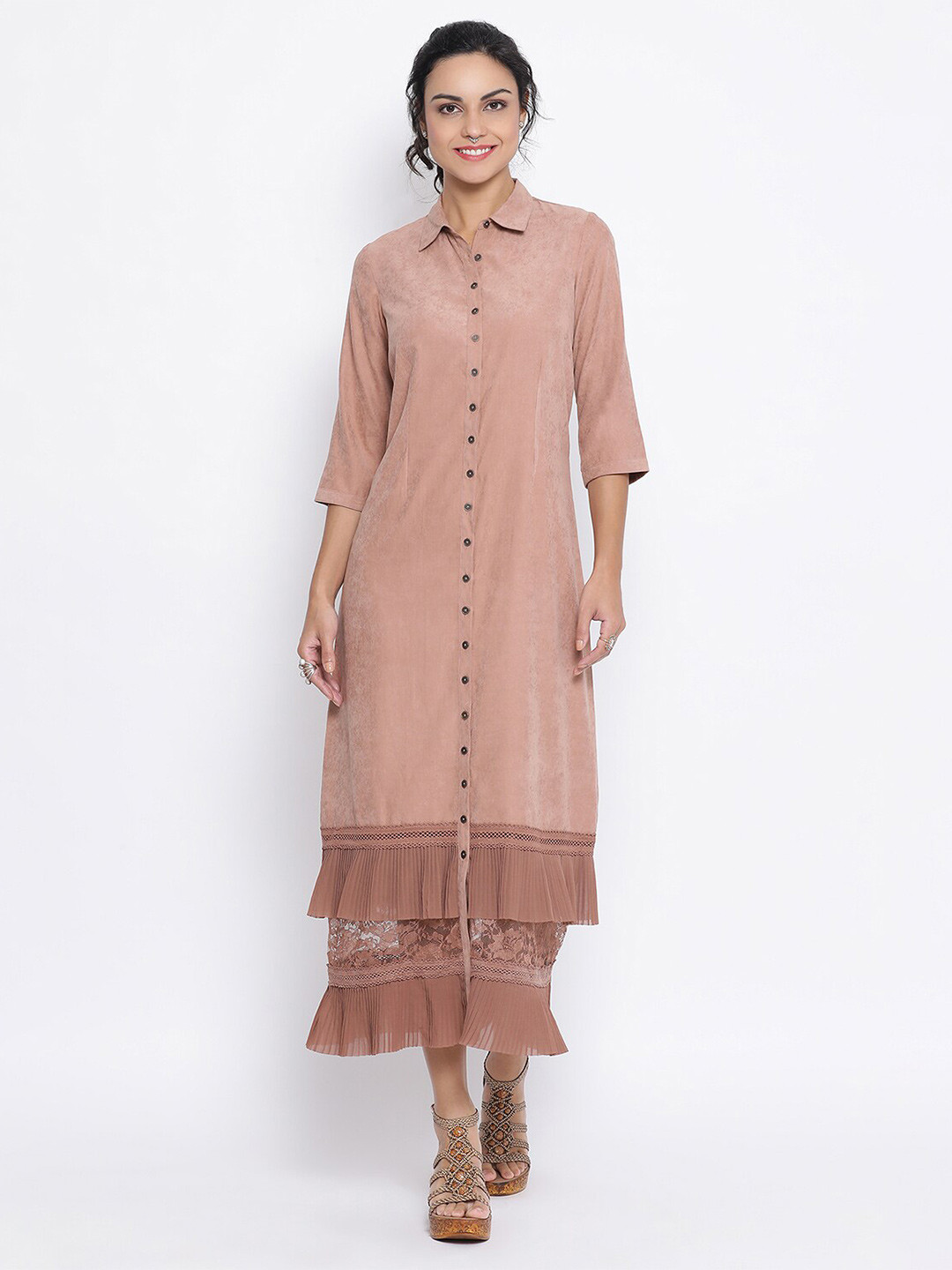 LELA Pink Leather Shirt Midi Dress With Frill At Bottom