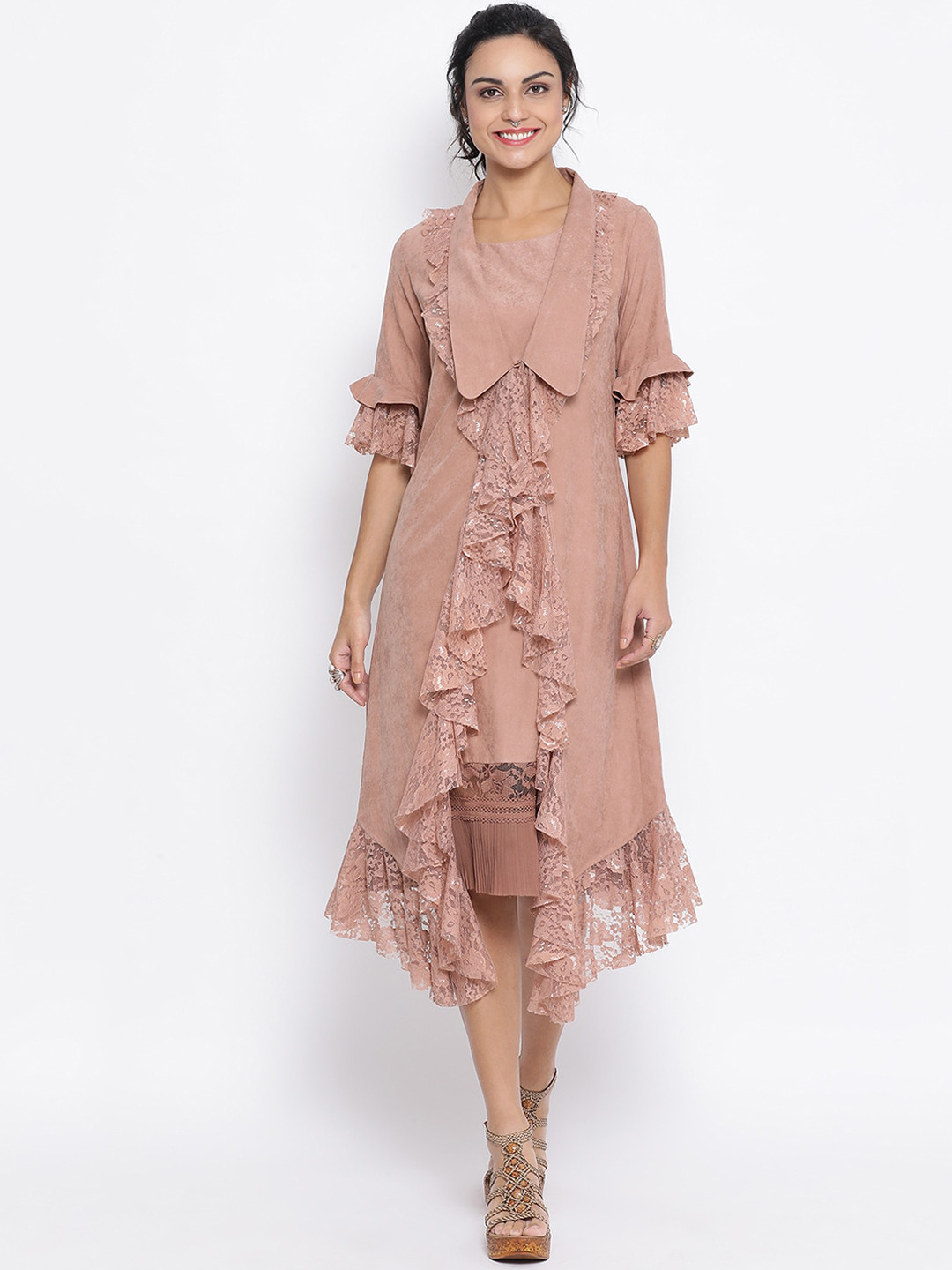 LELA Women Rust Floral Suede Longline Tailored Jacket