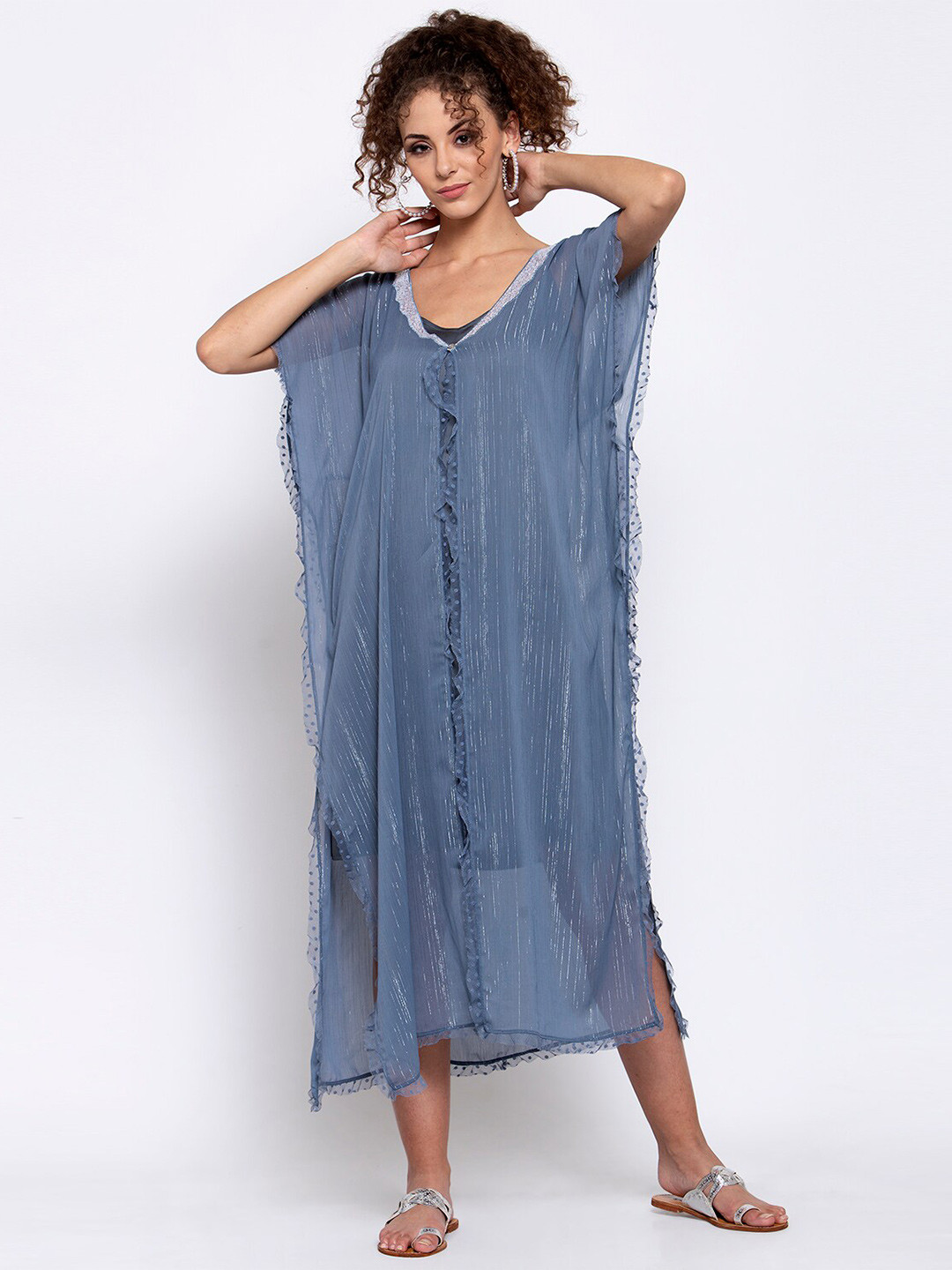 LELA Women Blue Chiffon Midi Kaftan Dress