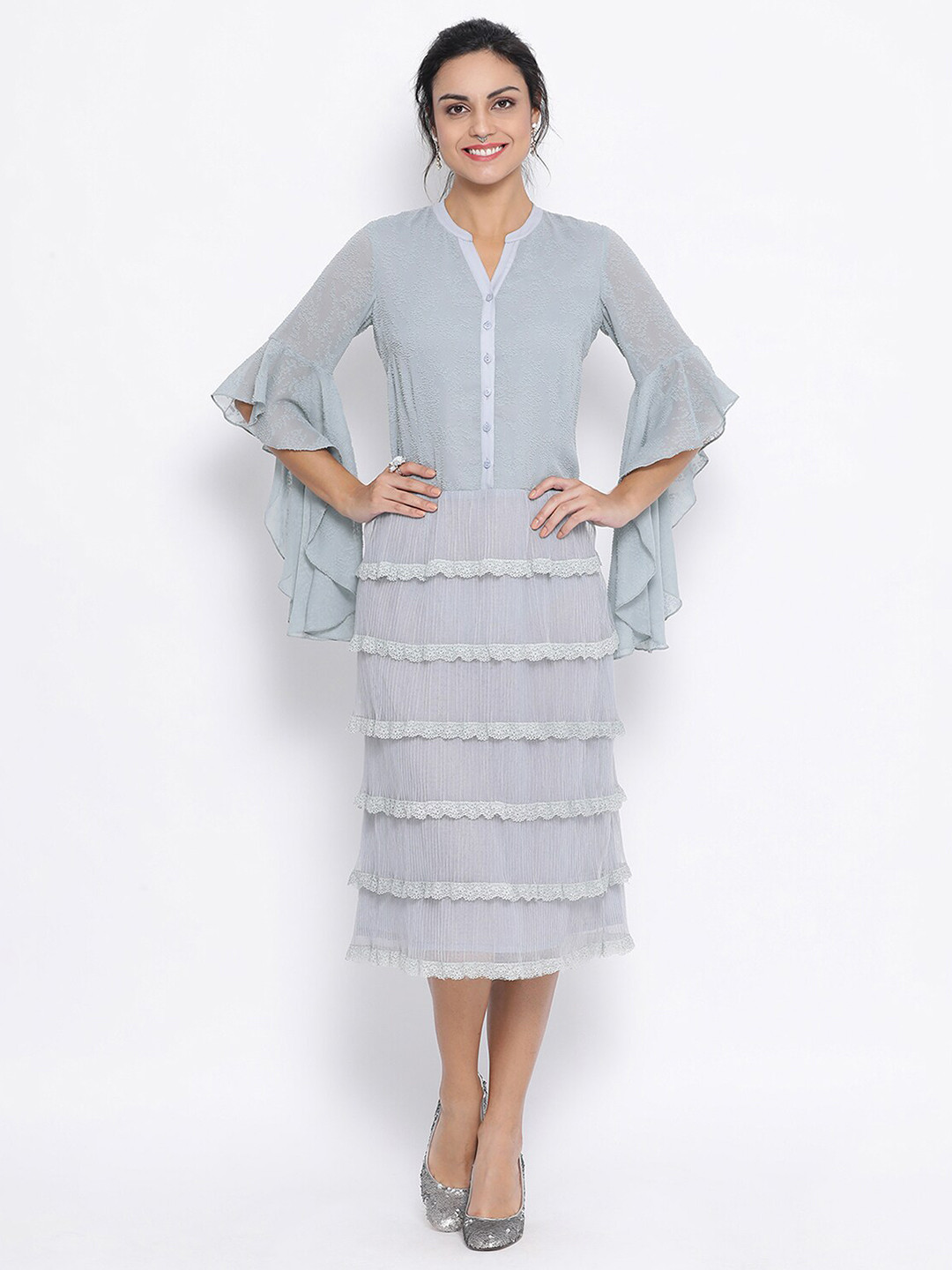 LELA Blue Jacquard Midi Dress