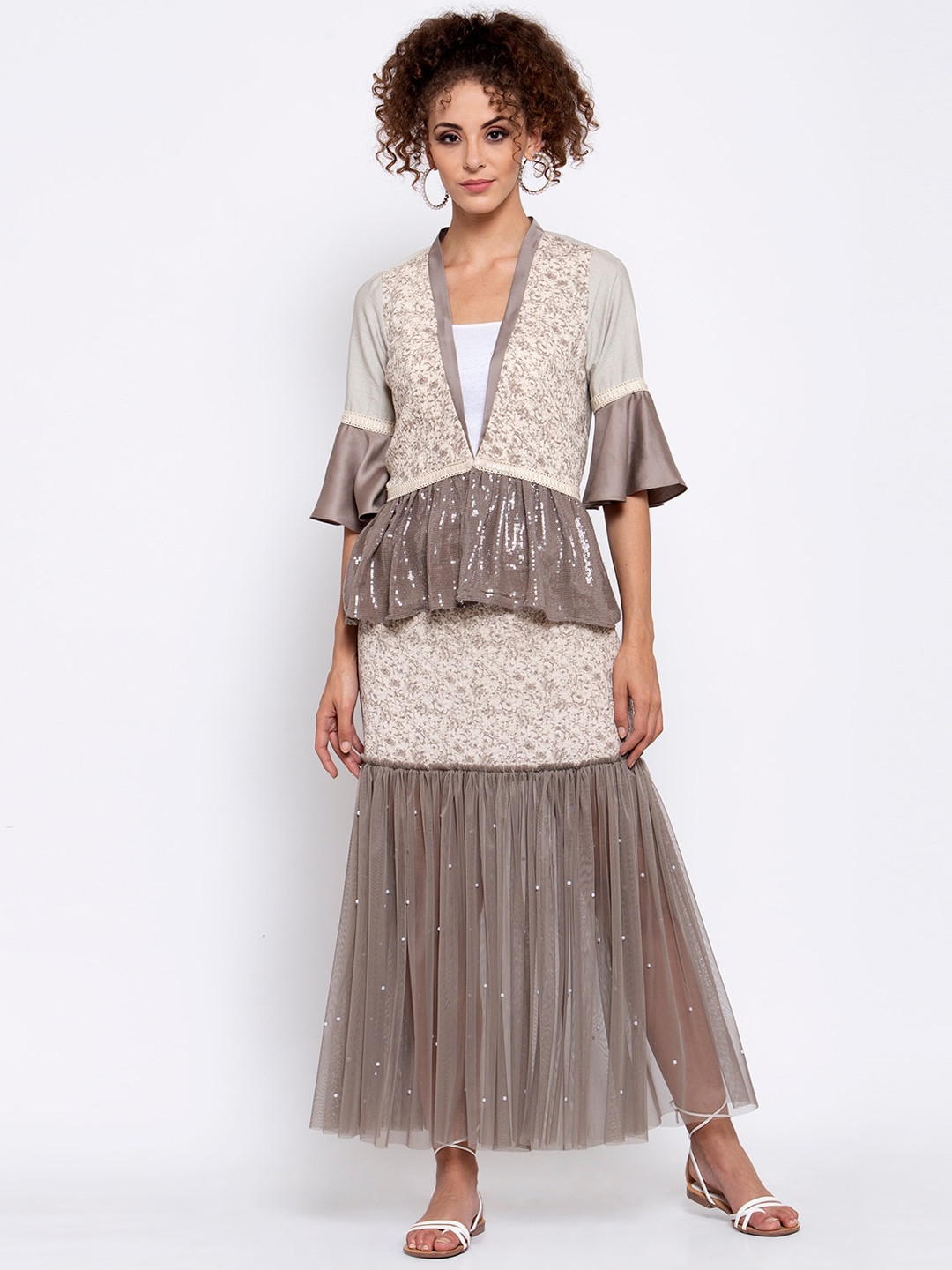 LELA Women Beige Shrug with Embroidered