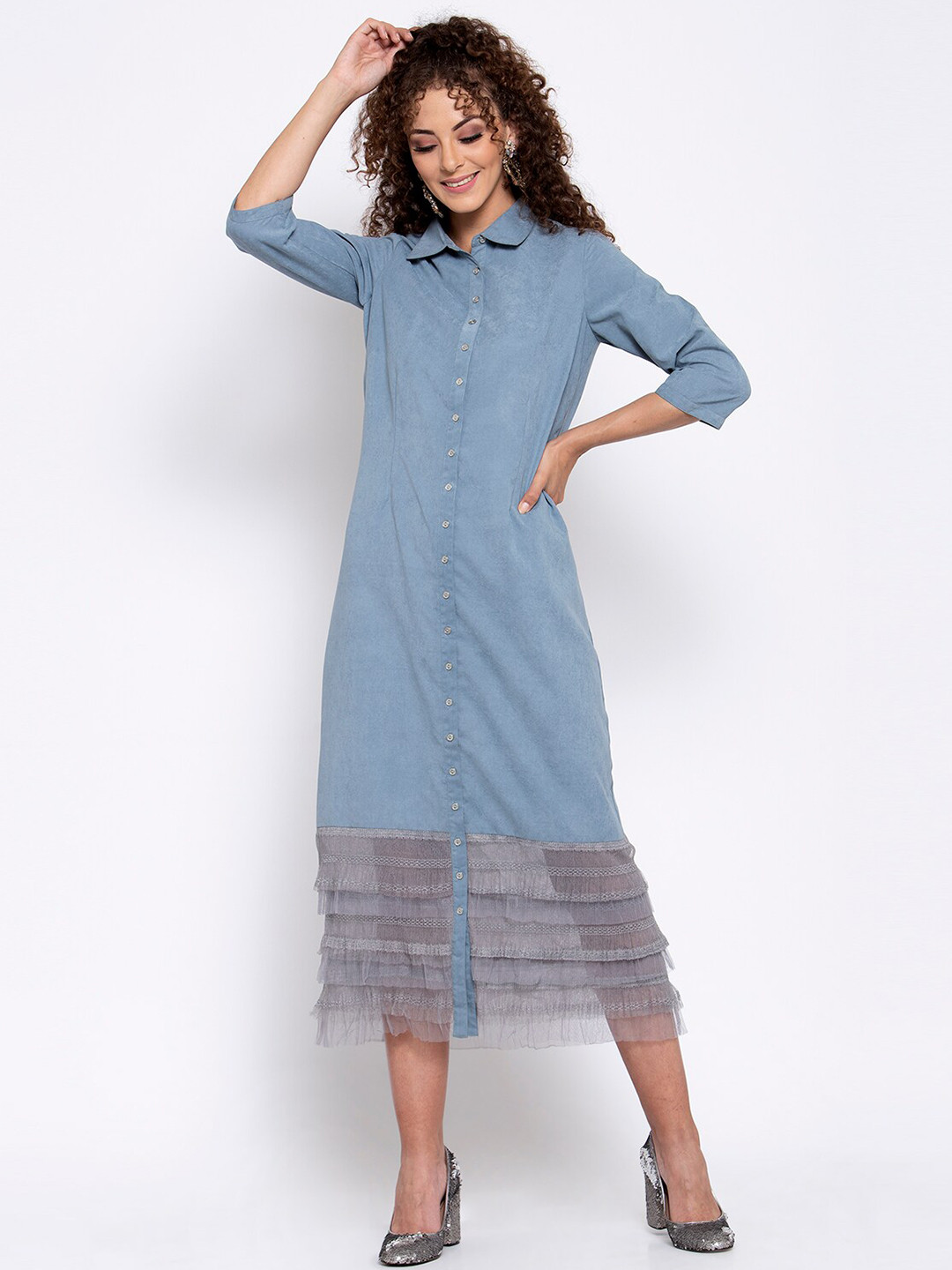 LELA Women Blue & Grey Solid Suede Shirt Dress