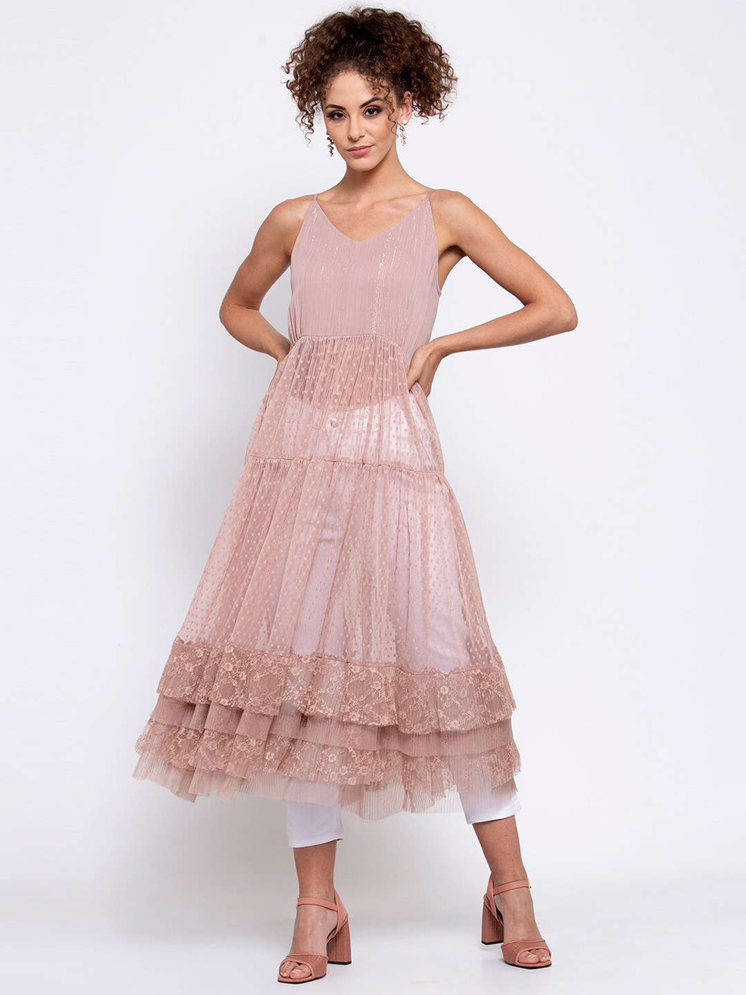 LELA Mauve Semi Sheer Net Midi Tiered Dress