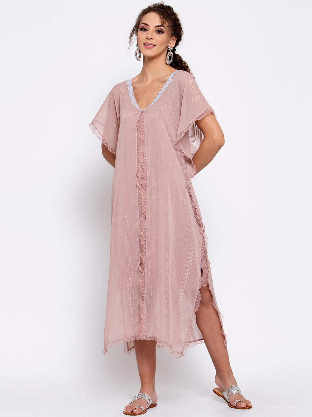 LELA Pink Chiffon A-Line Embroidered Midi Dress