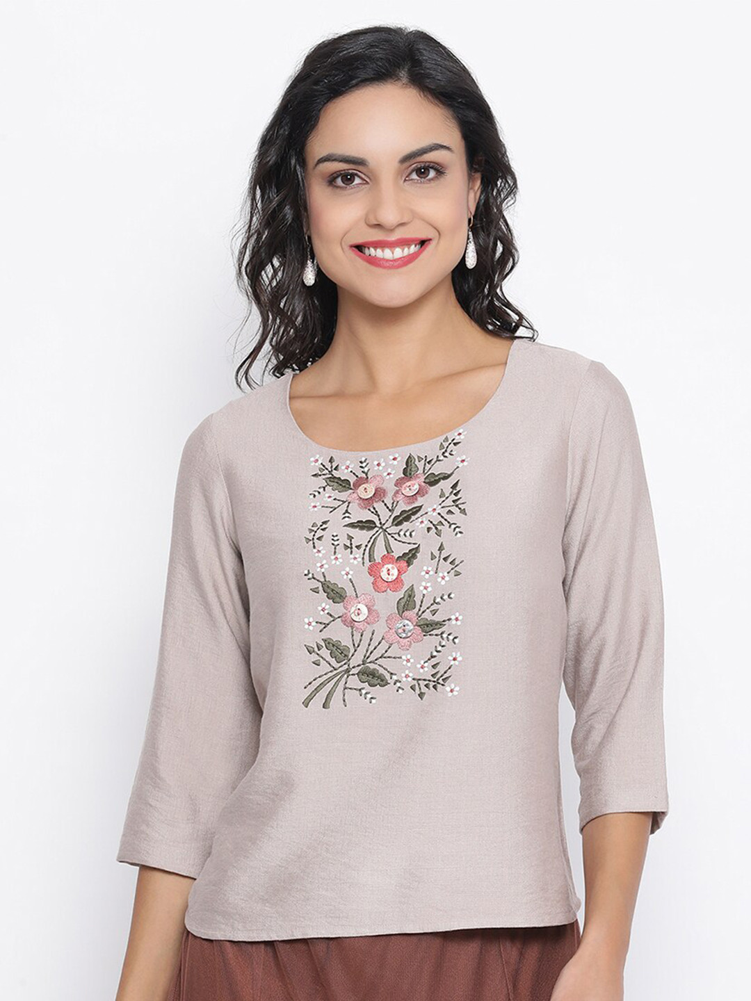 LELA Women Beige Floral Embroidered Top
