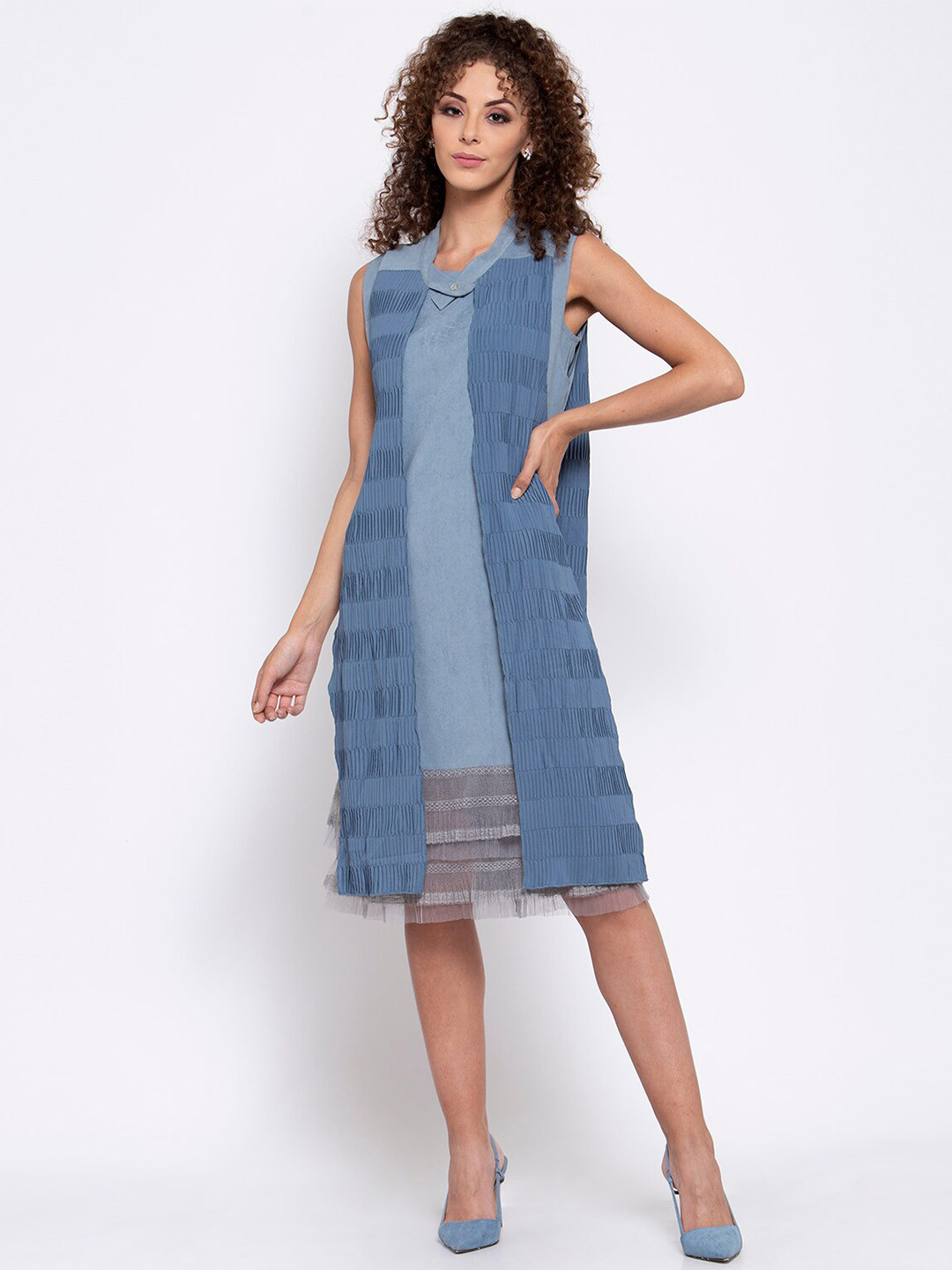 LELA Blue Striped Georgette A-Line Dress