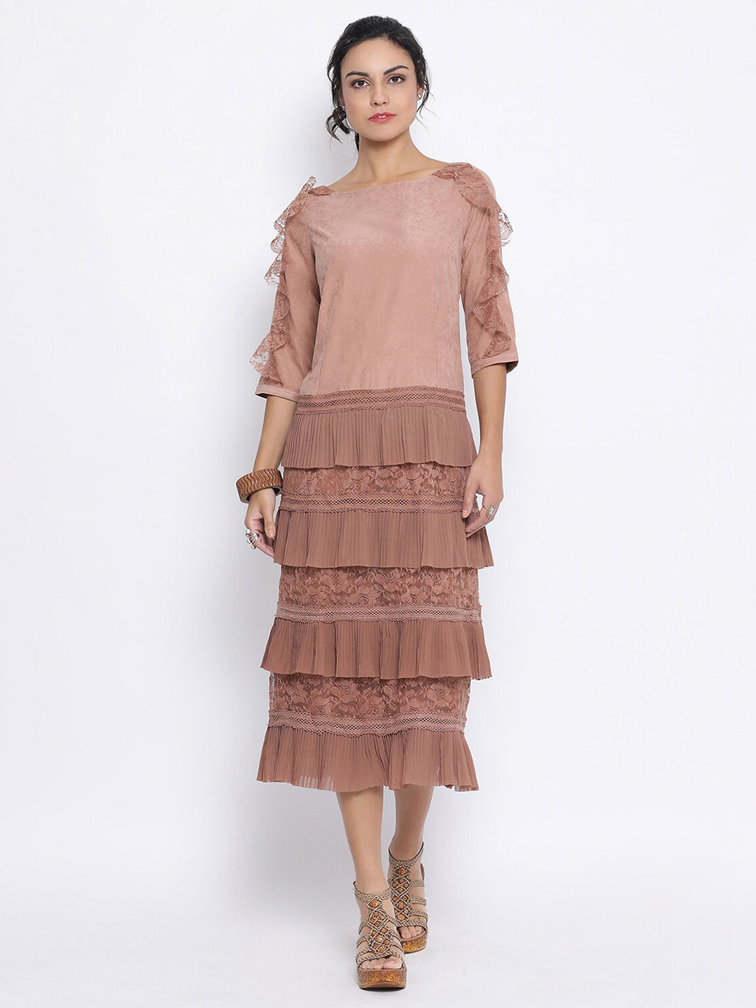 LELA Pink Leather Drop-Waist Midi Dress With Frill at Bottom