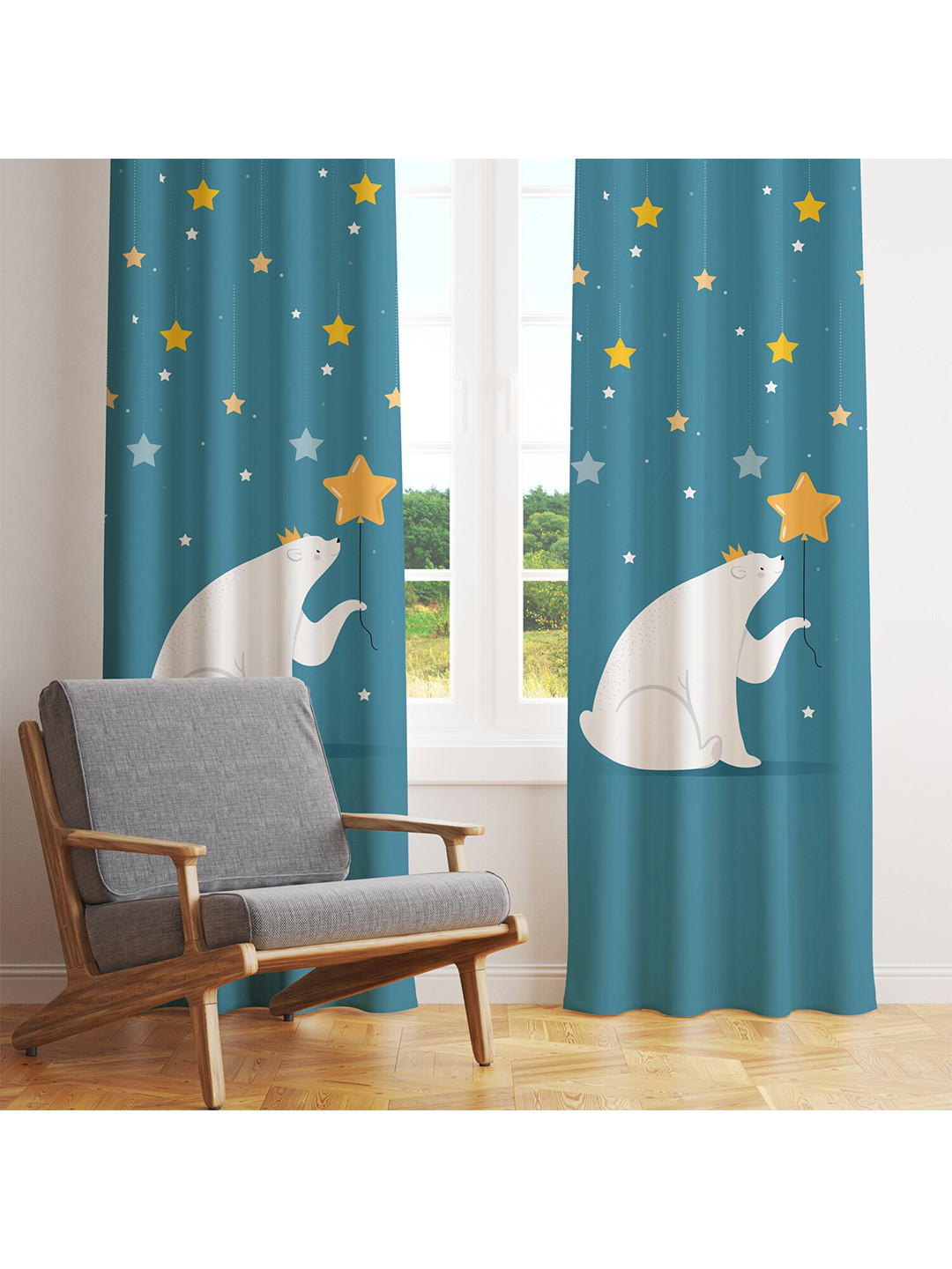 STYBUZZ Kids Teal & White Set Of 2 Quirky Printed Room Darkening Window Curtain