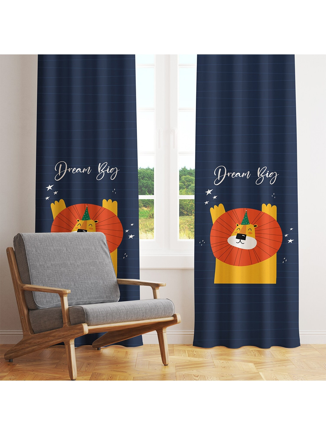 STYBUZZ Navy Blue & Yellow Set of 2 Quirky Room Darkening Window Curtain