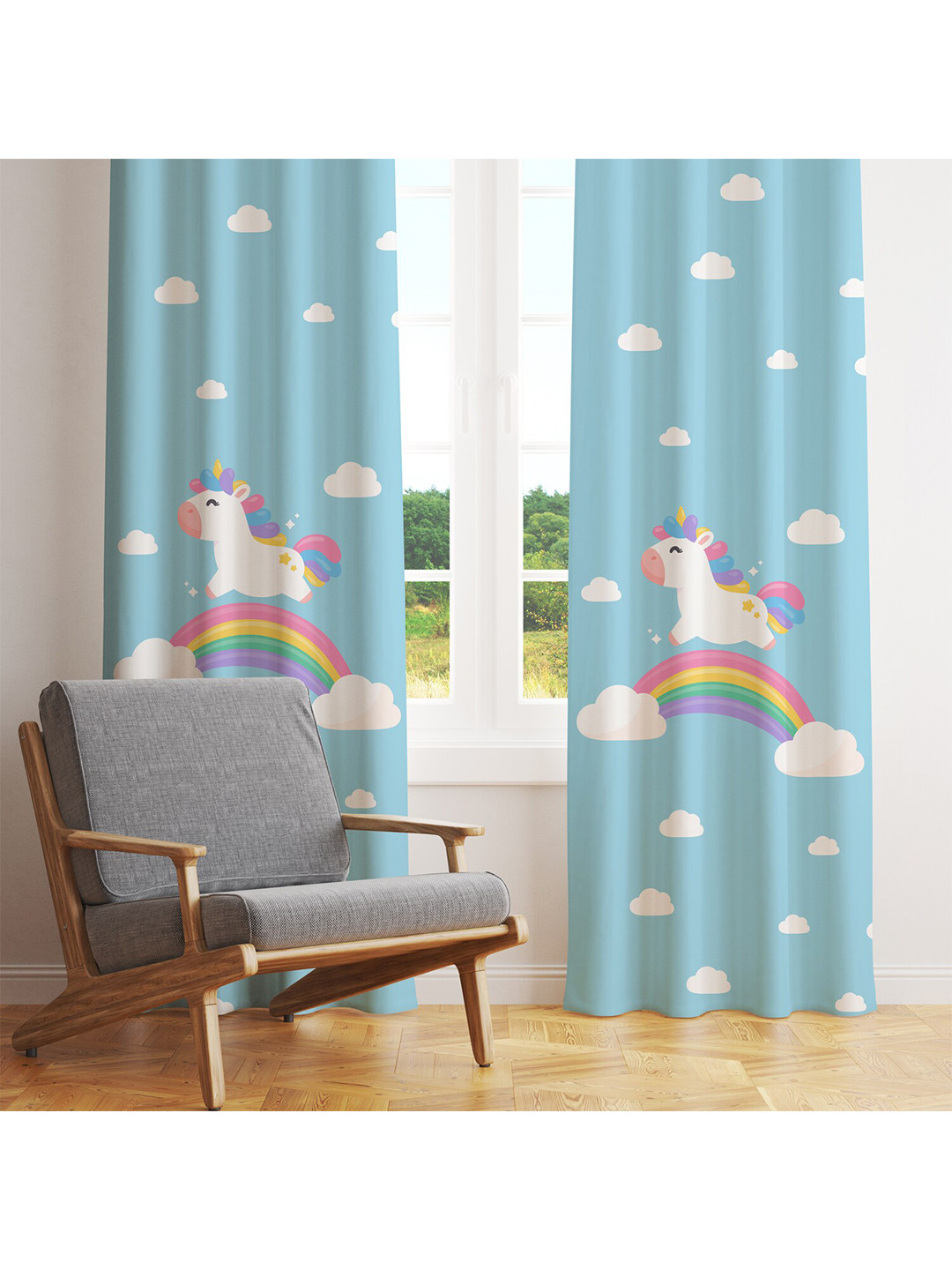 STYBUZZ Turquoise Blue & White Set of 2 Quirky Room Darkening Window Curtain