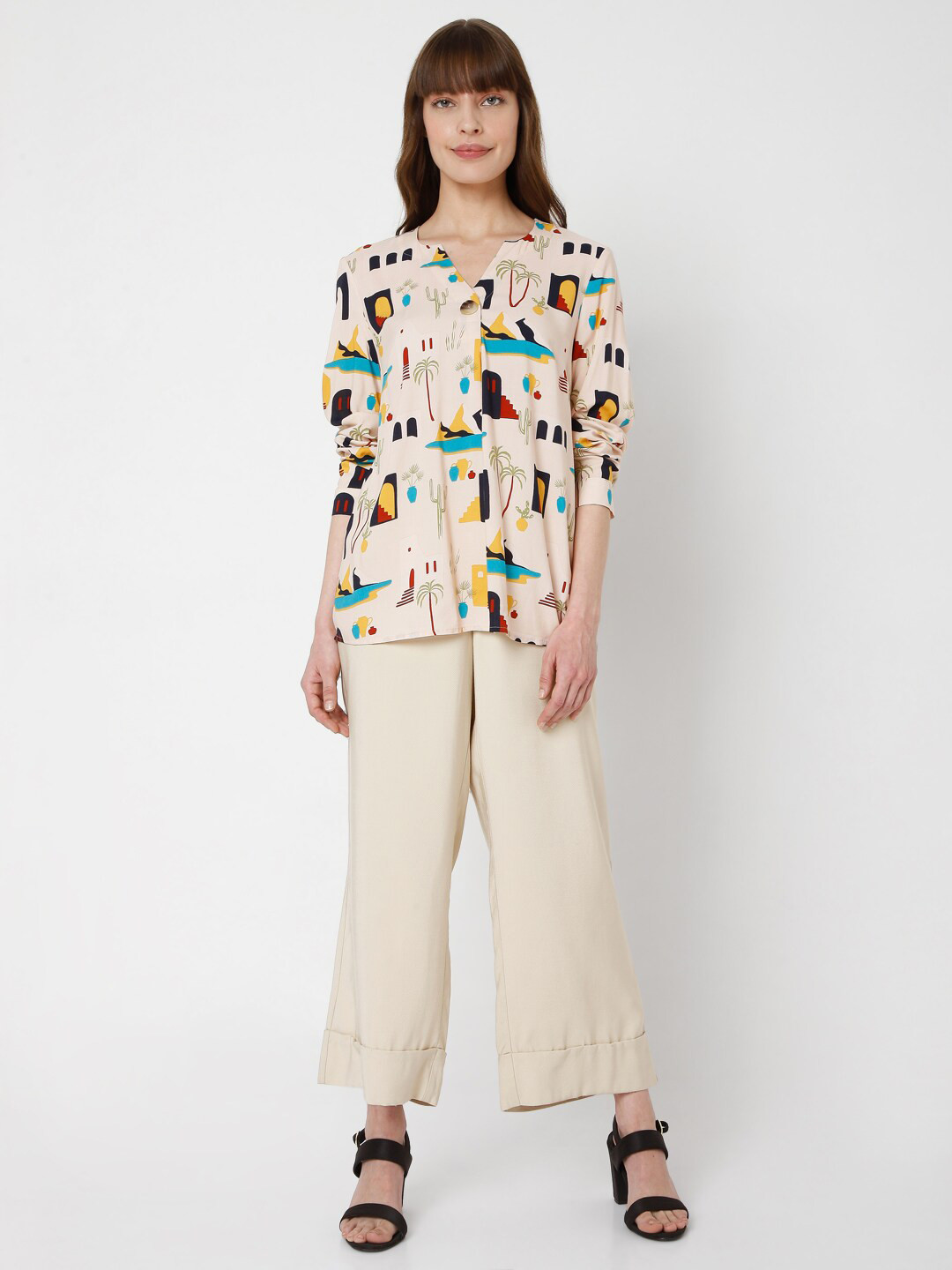 Vero Moda Beige & Blue Print Top