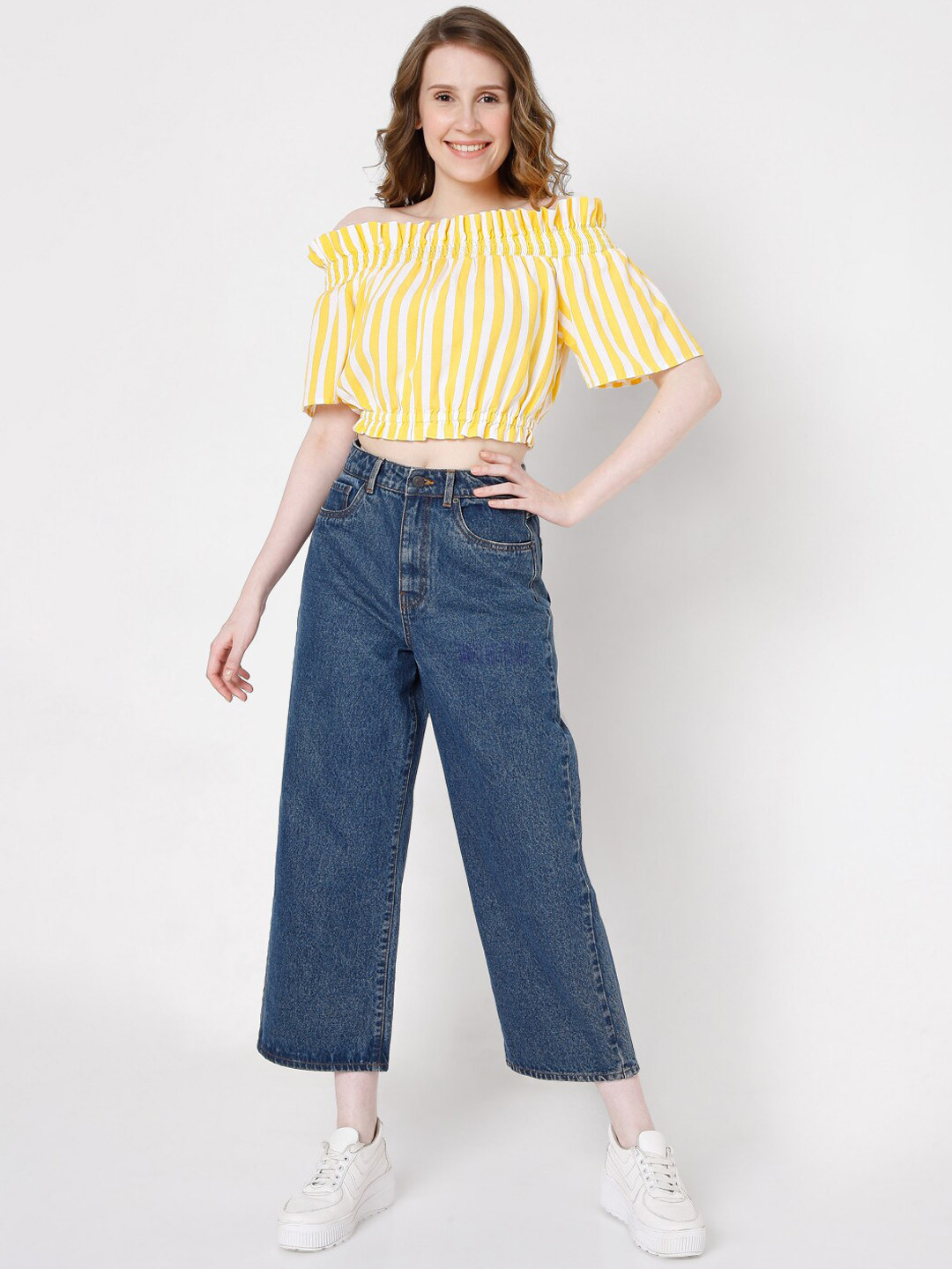 Vero Moda Yellow Striped Off-Shoulder Bardot Crop Top
