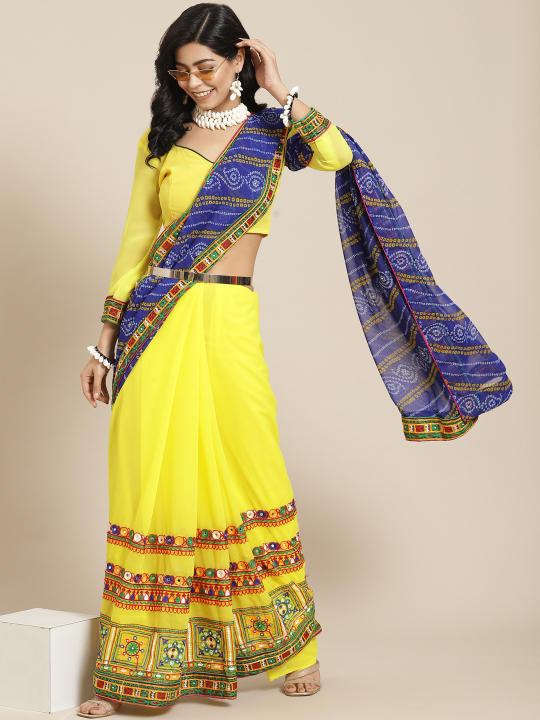 SERONA FABRICS Yellow & Blue Bandhani Mirror Work Pure Georgette Half and Half Bandhani Saree