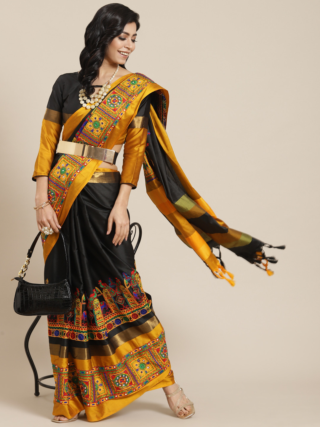 SERONA FABRICS Black & Mustard Embellished Kutchi Embroidery Silk Cotton Saree
