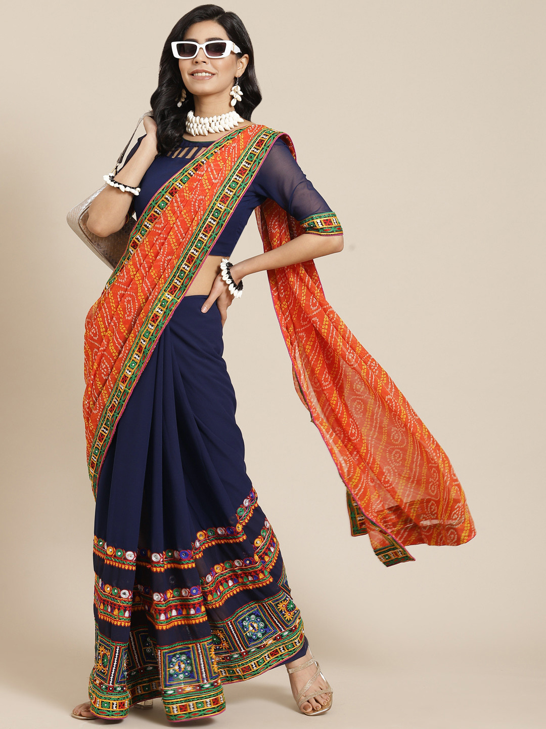 SERONA FABRICS Orange & Blue Bandhani Pure Georgette Half and Half Bandhani Saree