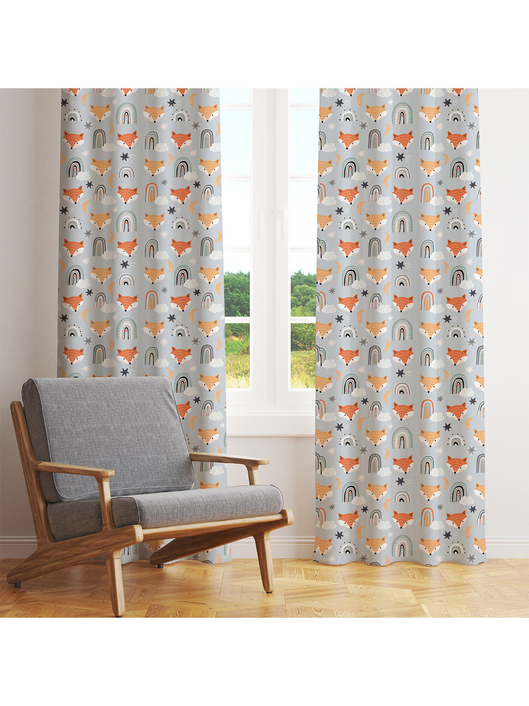 STYBUZZ Unisex Kids Grey & White Set of 2 Quirky Printed Room Darkening Door Curtain