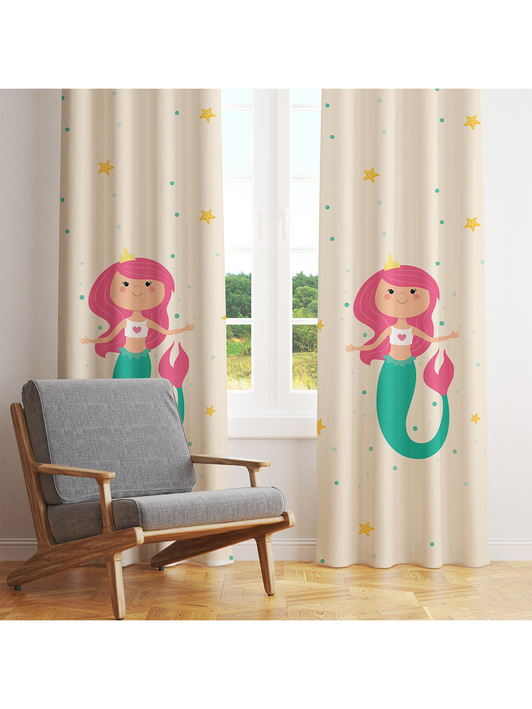 STYBUZZ Beige & Blue Set of 2 Quirky Room Darkening Window Curtain