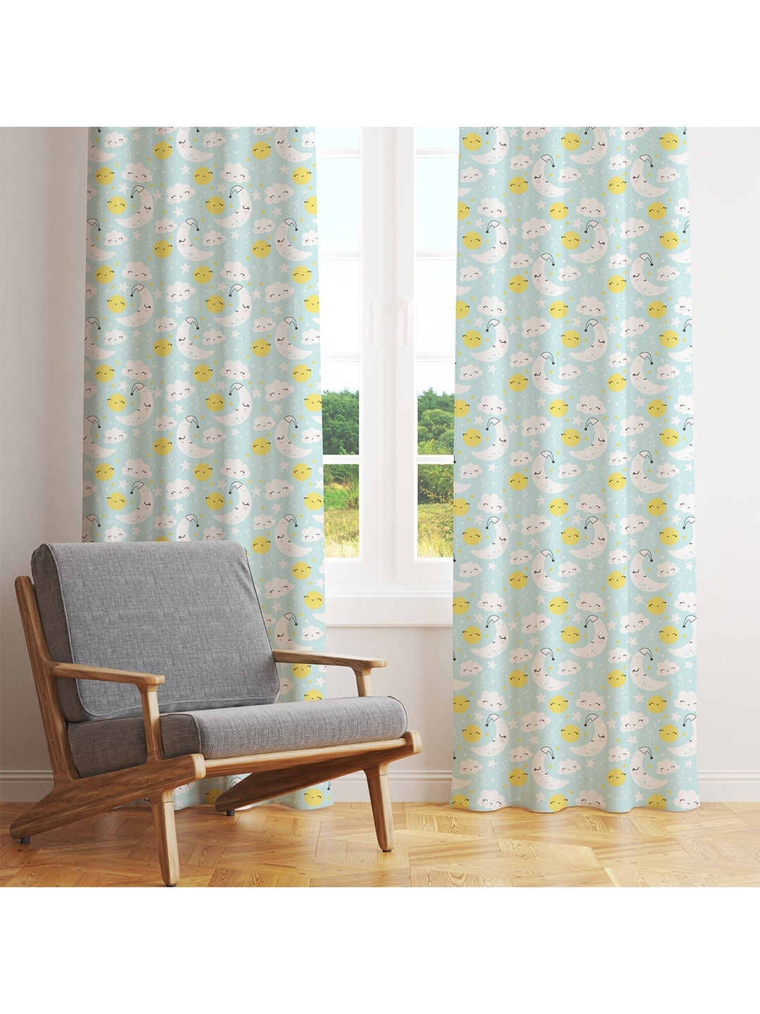 STYBUZZ Kids Blue & White Set Of 2 Quirky Printed Room Darkening Window Curtain