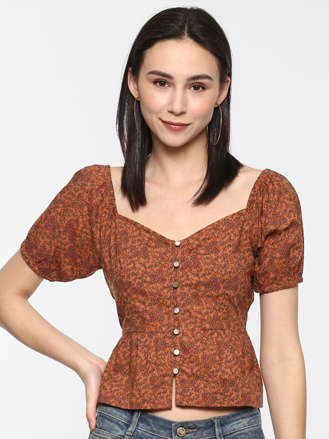 Porsorte Rust Brown Print Sweetheart Neck Pure Cotton Peplum Top