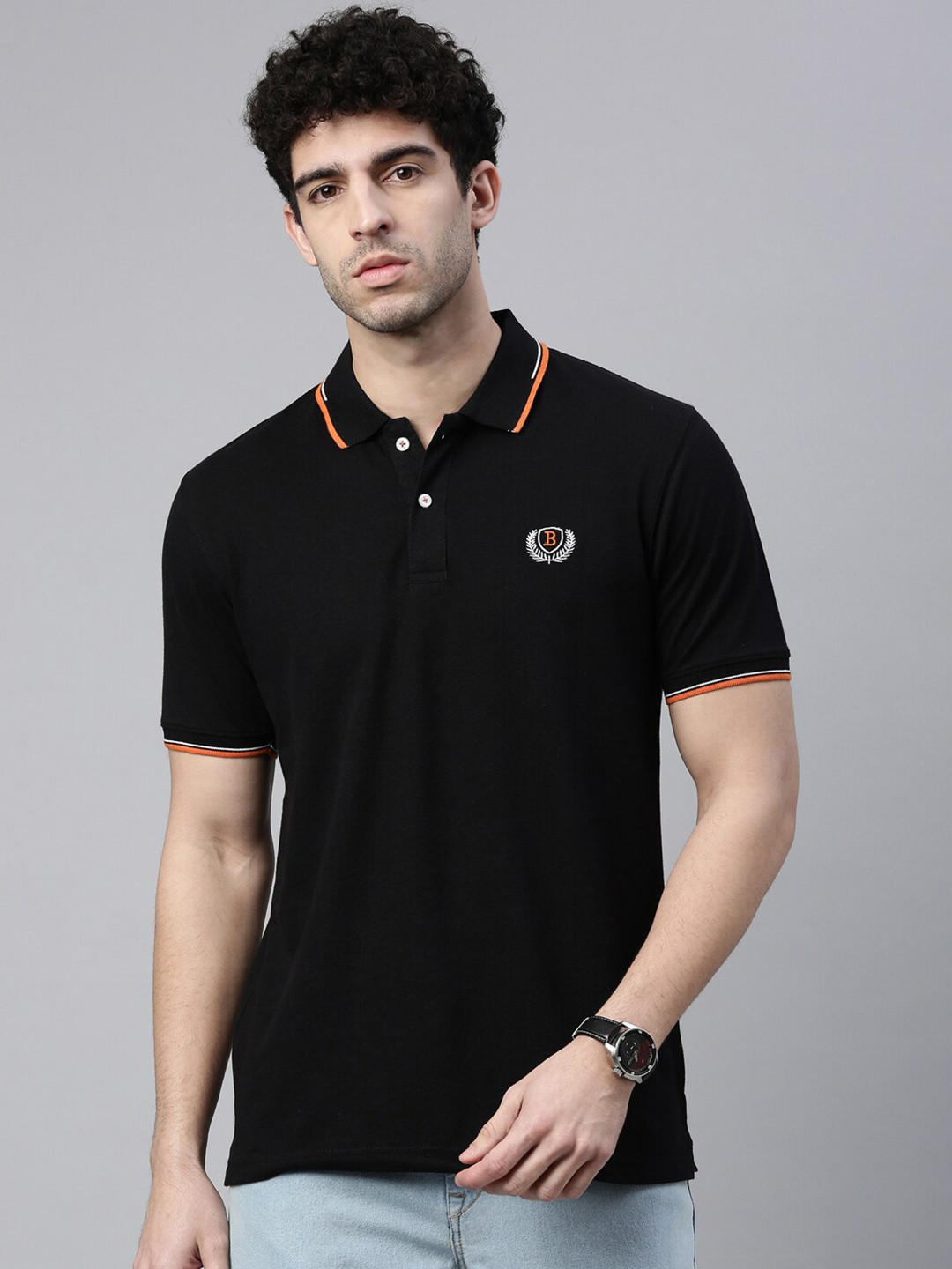 Bushirt Men Black Polo Collar Applique T-shirt