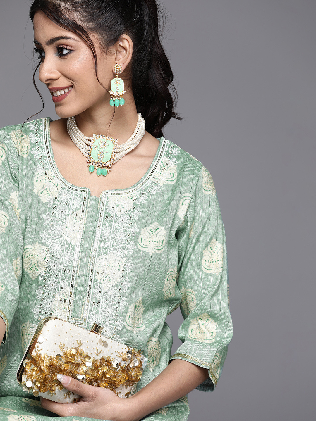 Libas Women Blue Paisley Yoke Design Gotta Patti Pastels Kurta