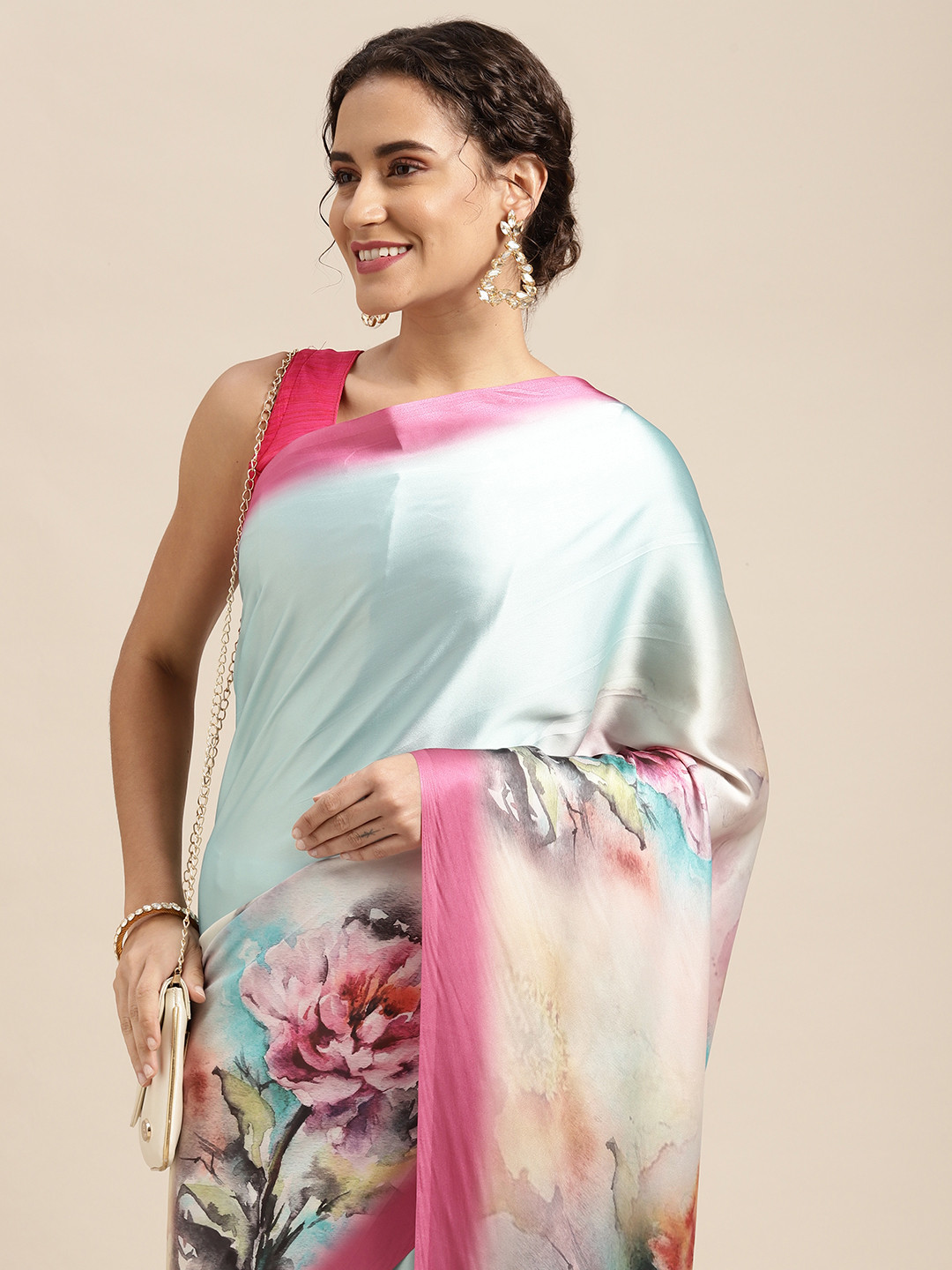 Mitera Blue & Pink Floral Print Satin Celebrity Saree