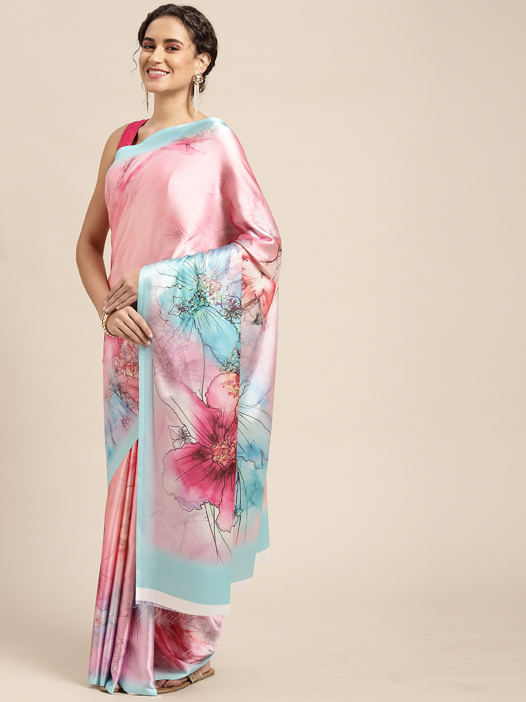 Mitera Pink & Blue Floral Print Satin Celebrity Saree