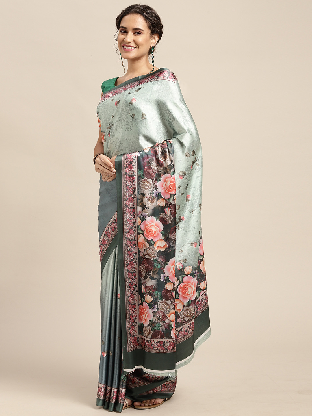 Mitera Lime Green & Peach-Coloured Floral Print Satin Celebrity Saree