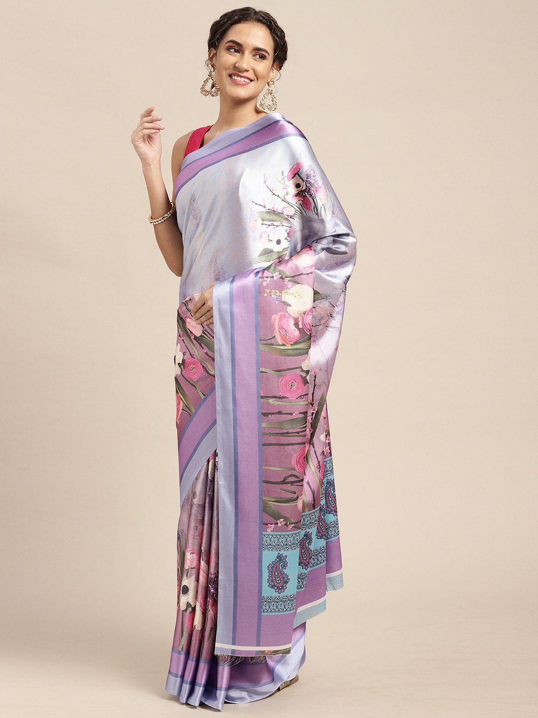 Mitera Purple & Pink Floral Print Satin Celebrity Saree
