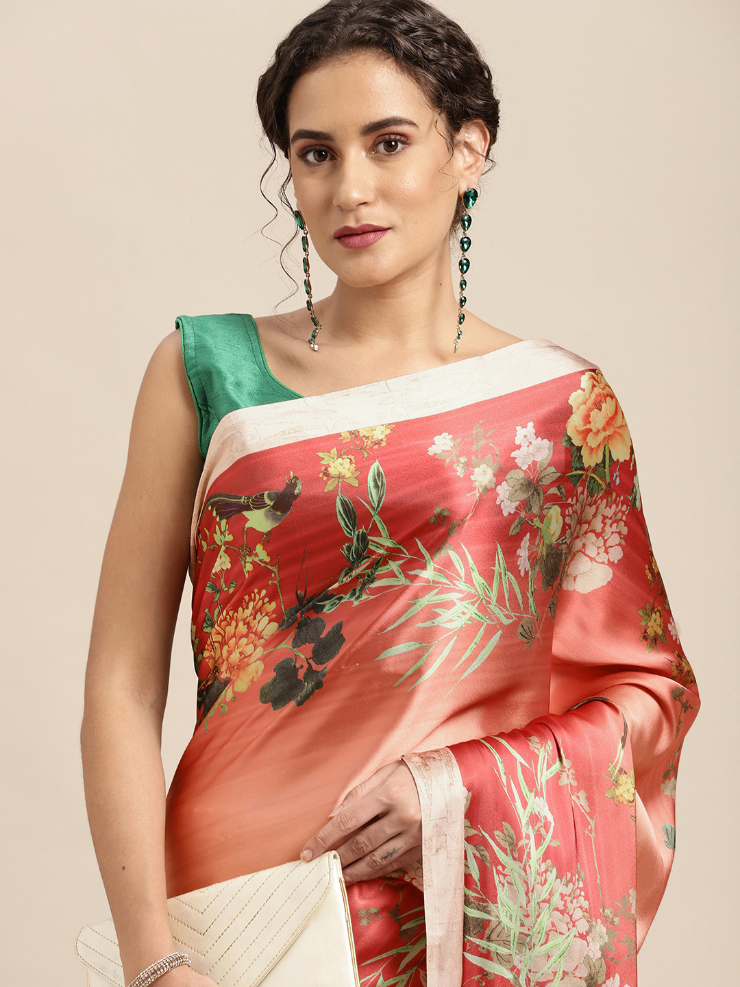 Mitera Coral Red & White Floral Satin Block Print Saree