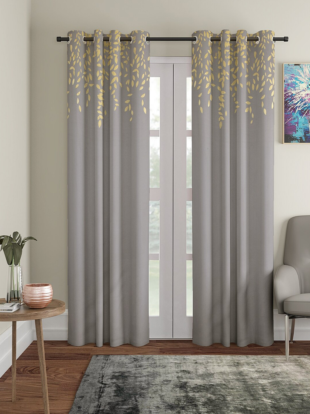 BLANC9 Grey & Gold-Toned Set of 2 Floral Long Door Curtain