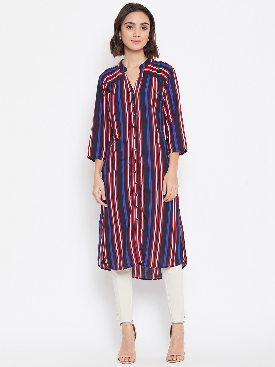 Ruhaans Blue & Red Mandarin Collar Striped Tunic