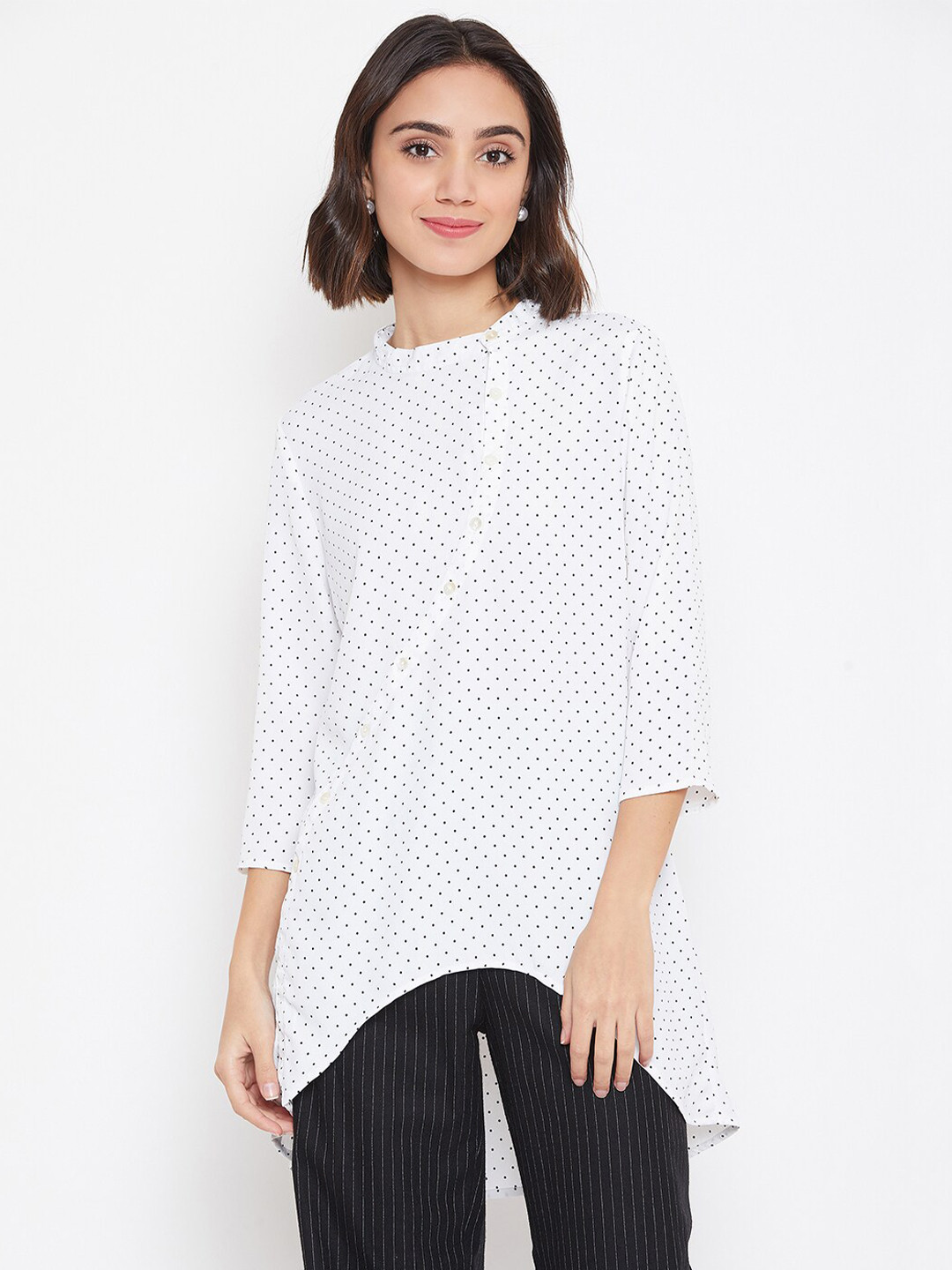 Ruhaans White & Black Mandarin Collar Printed Tunic