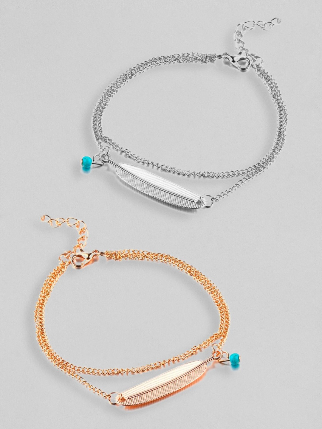 OOMPH Women Set of 2 Gold & Silver Bohemian Leaf Anklet