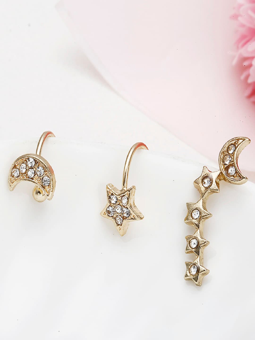 OOMPH Set Of 3 Gold-Toned & White Star & Crescent Shaped Stud With Ear Cuffs
