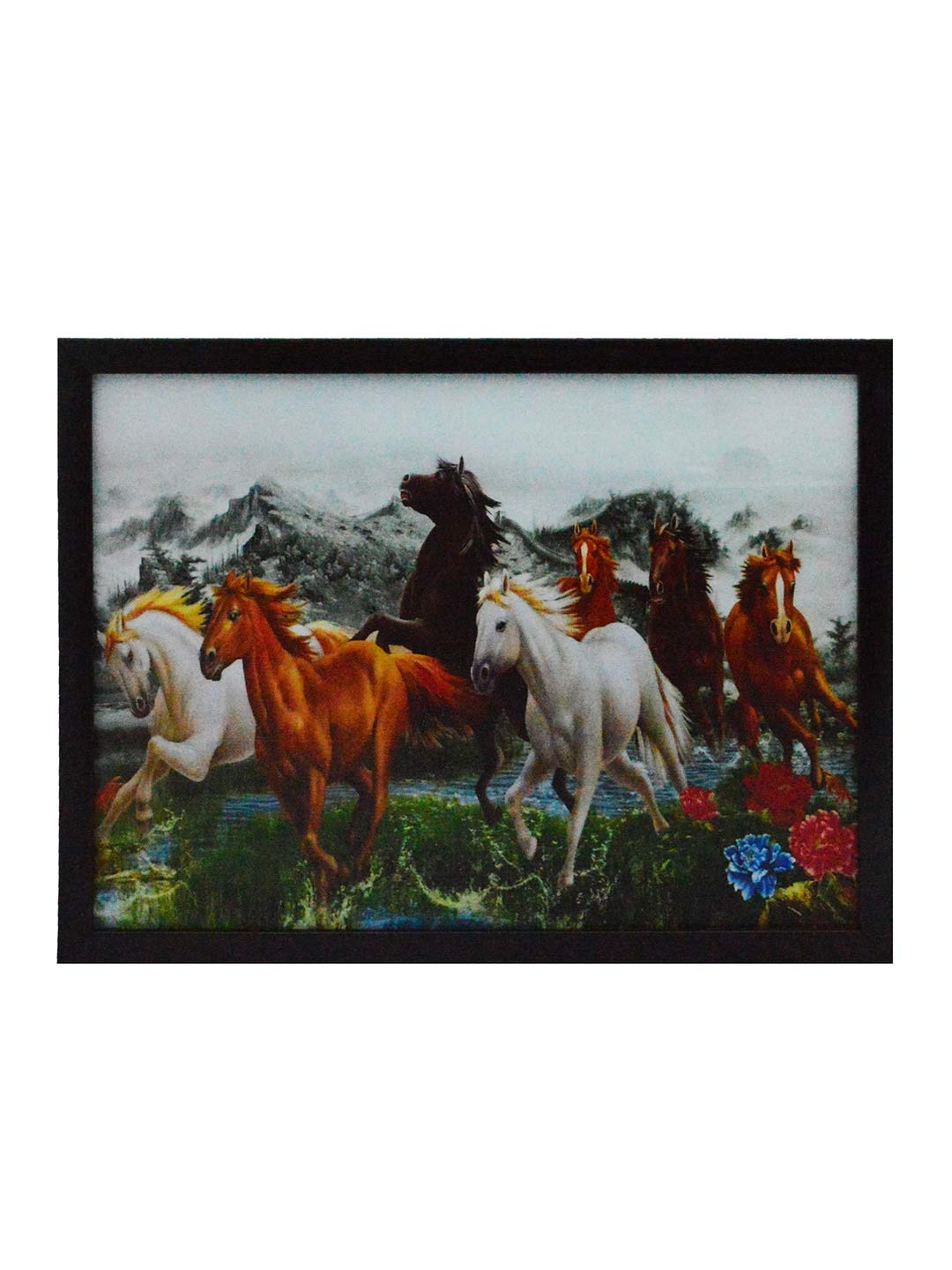 eCraftIndia Multicoloured Running Lucky Horses UV Framed Wall Art