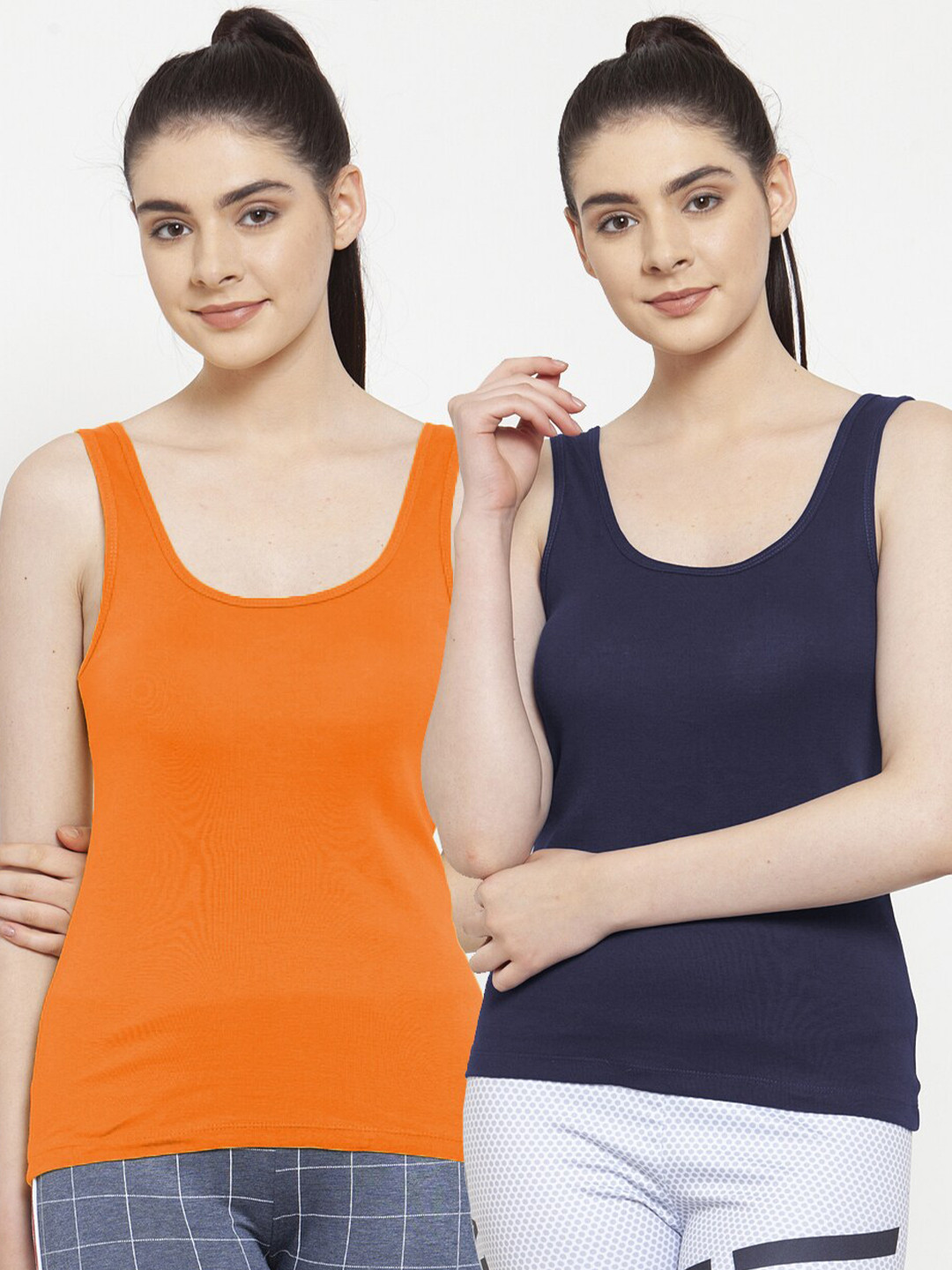 Friskers Women Orange & Navy Blue Pack of 2 Tank Top