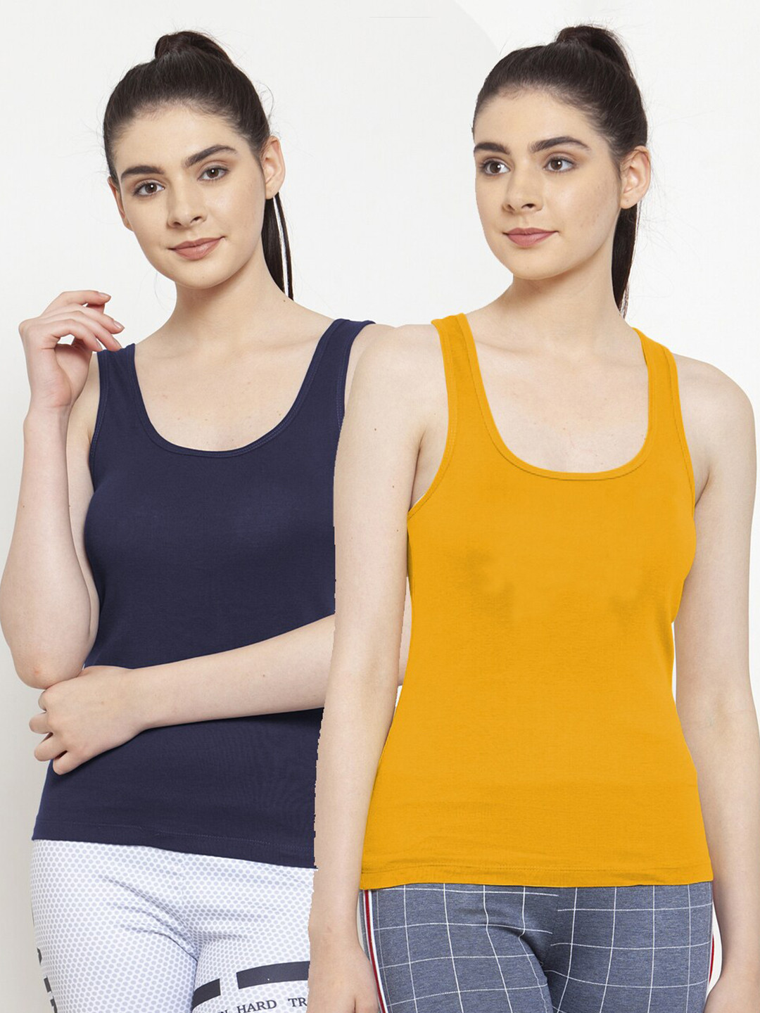 Friskers Women Gold & Navy Blue Pack of 2 Tank Top