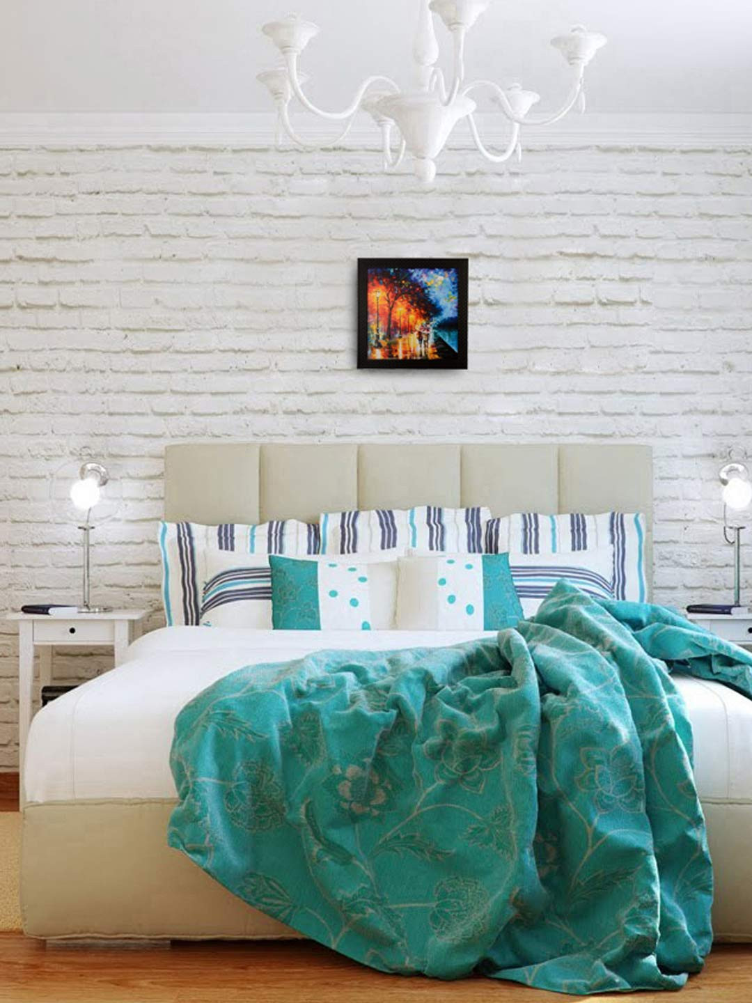 eCraftIndia Multicoloured Love Couple Under Umbrella Satin Matt Textured Framed Wall Art