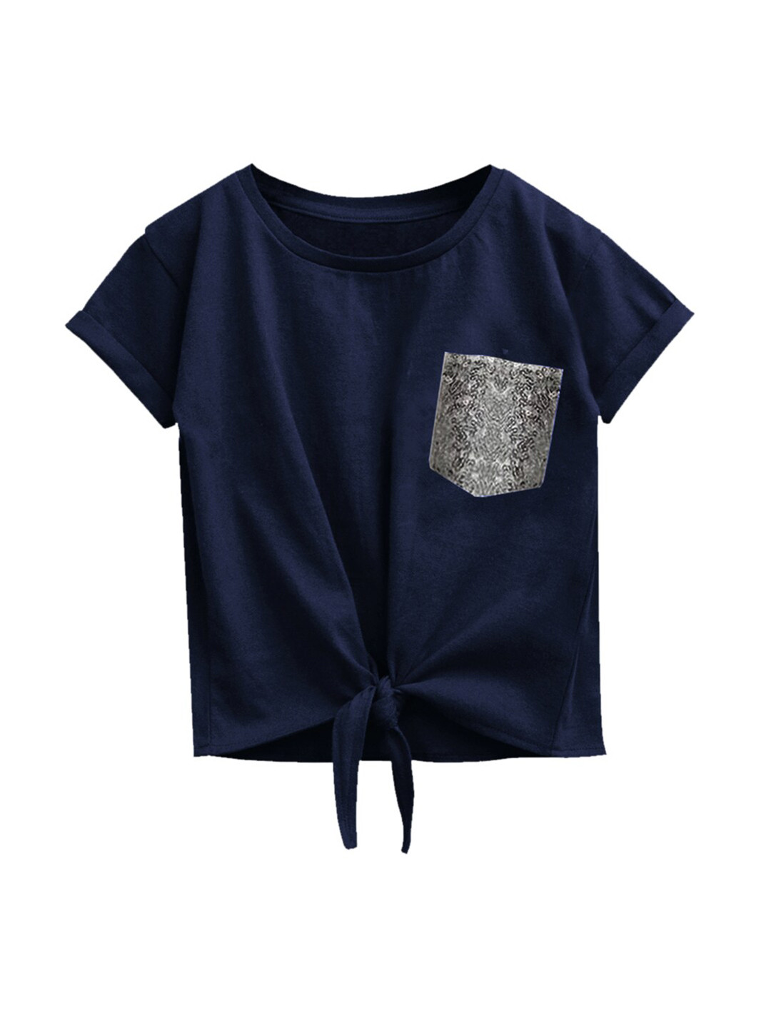 A T U N Navy Blue Extended Sleeves Crop Top