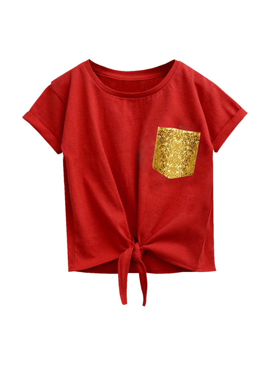 A T U N Girls Red Bubble Knot Pure Cotton Top