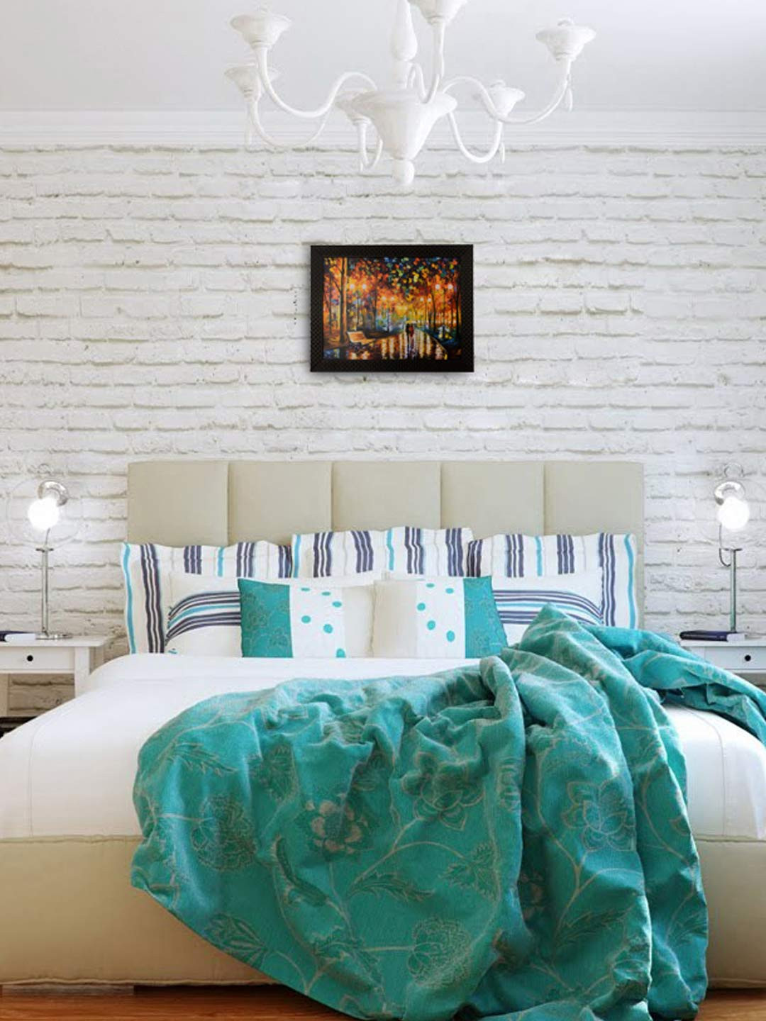 eCraftIndia Multicoloured Love Couple Under Umbrella Satin Matt Textured Framed Wall Art