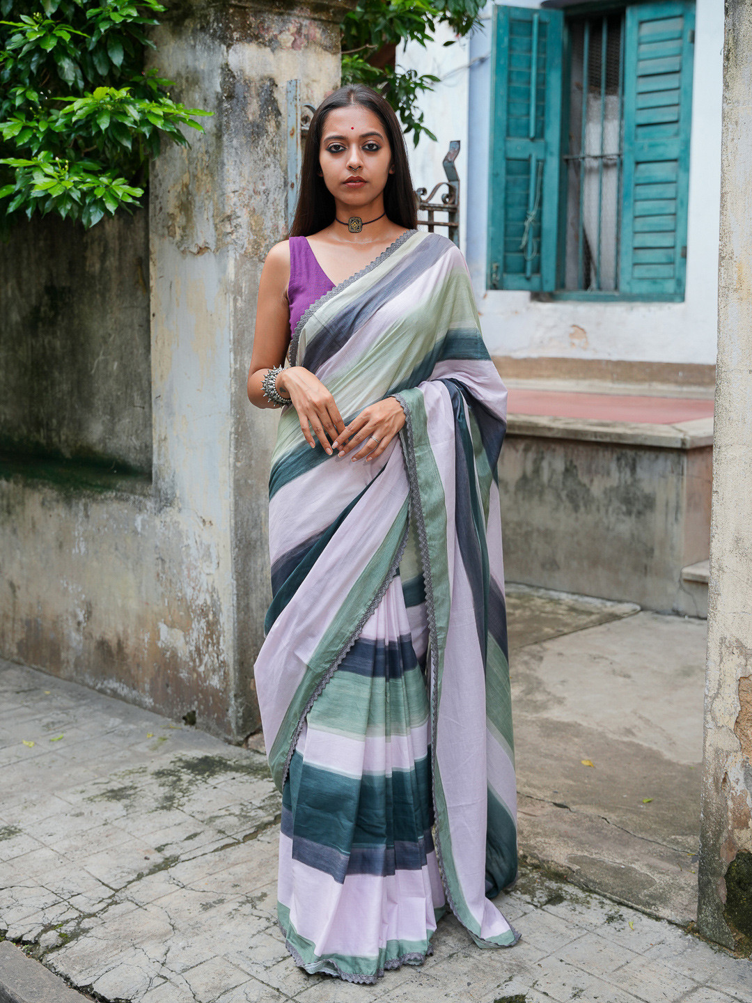 Suta Charcoal & Green Digital Printed Pure Cotton Saree