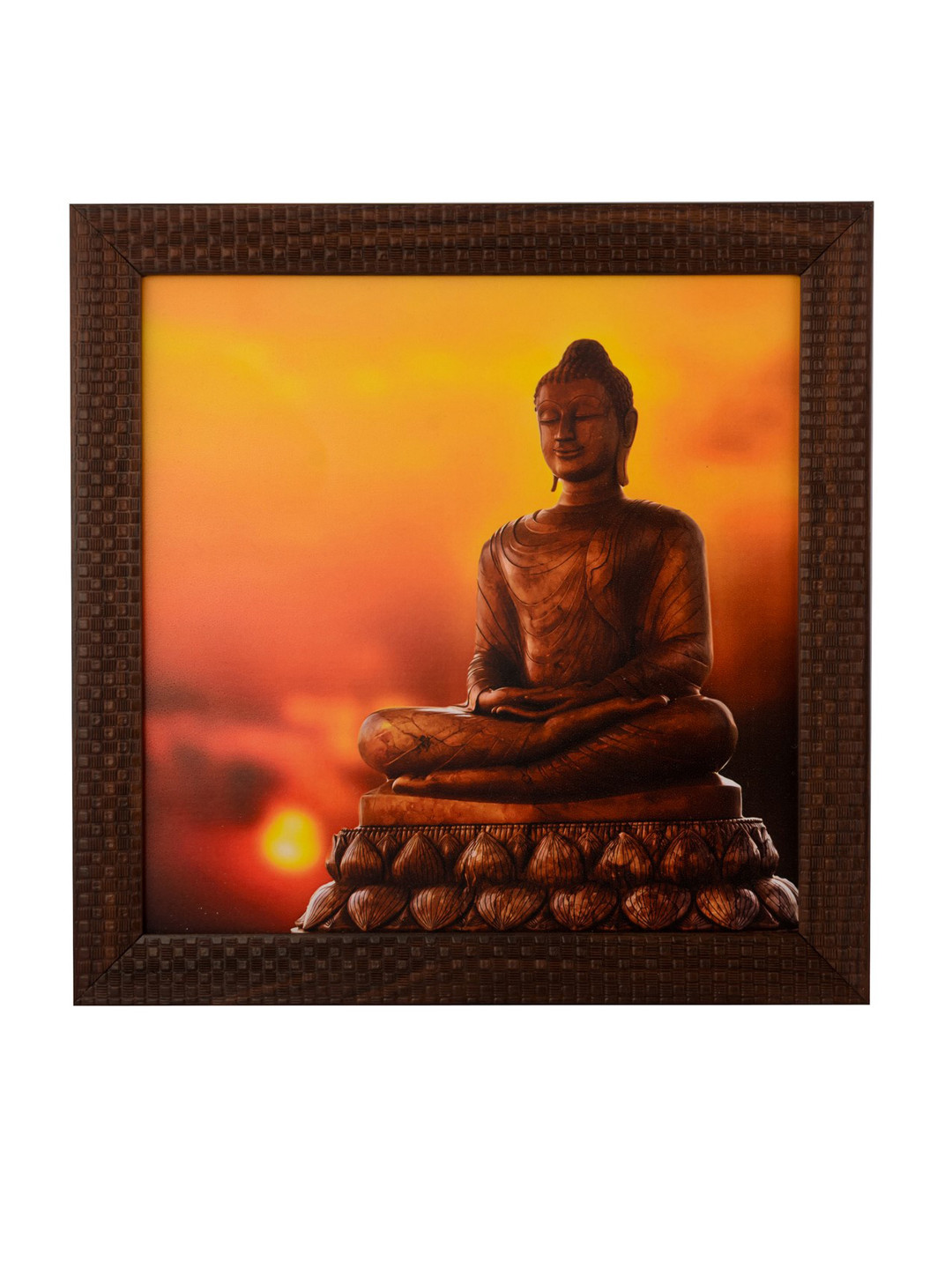 eCraftIndia Yellow & Brown Meditating Buddha Satin Matt Textured Framed Wall Art
